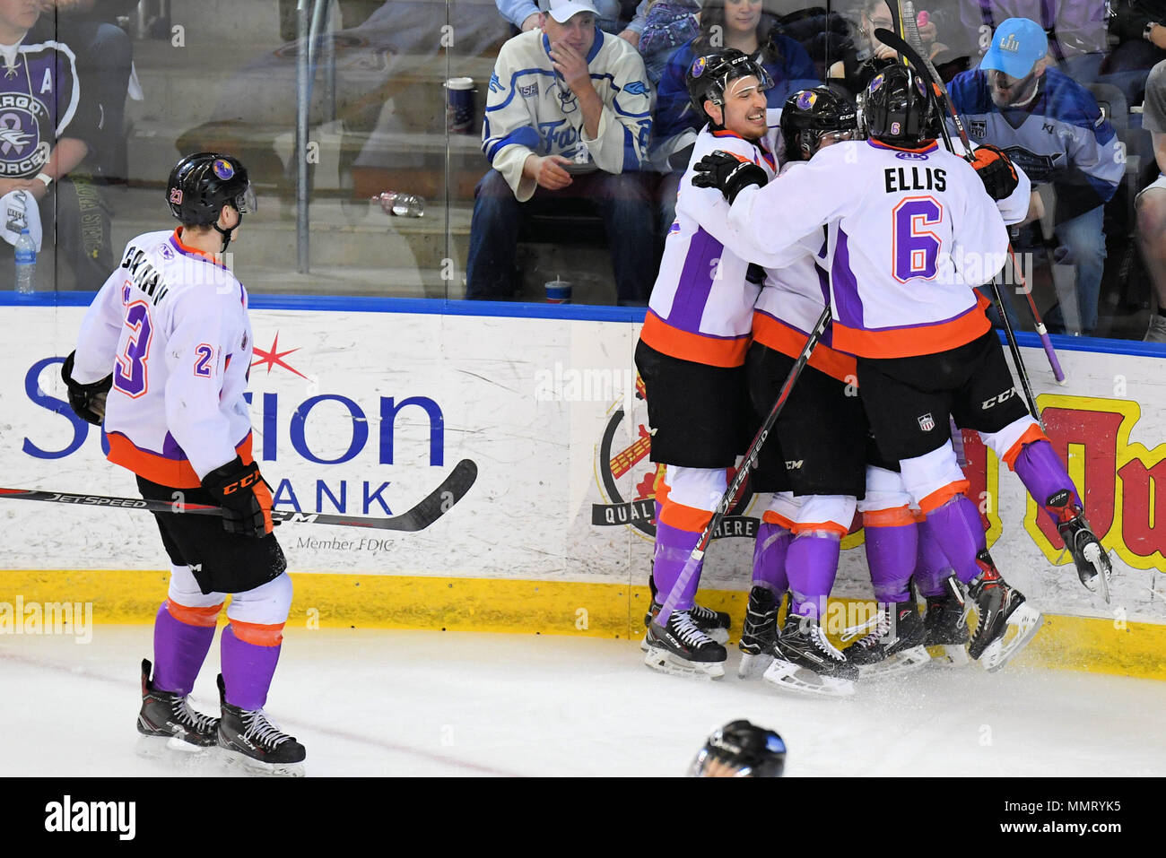 Overtime. 12th May, 2018. Youngstown Phantoms players celebrate Youngstown Phantoms forward Nicholas Cardelli (86) goal in game two of the finals for the United States Hockey League's Clark Cup held at Scheels Arena in Fargo, North Dakota. Youngstown won 3-2 in overtime. Russell Hons/CSM/Alamy Live News Stock Photo