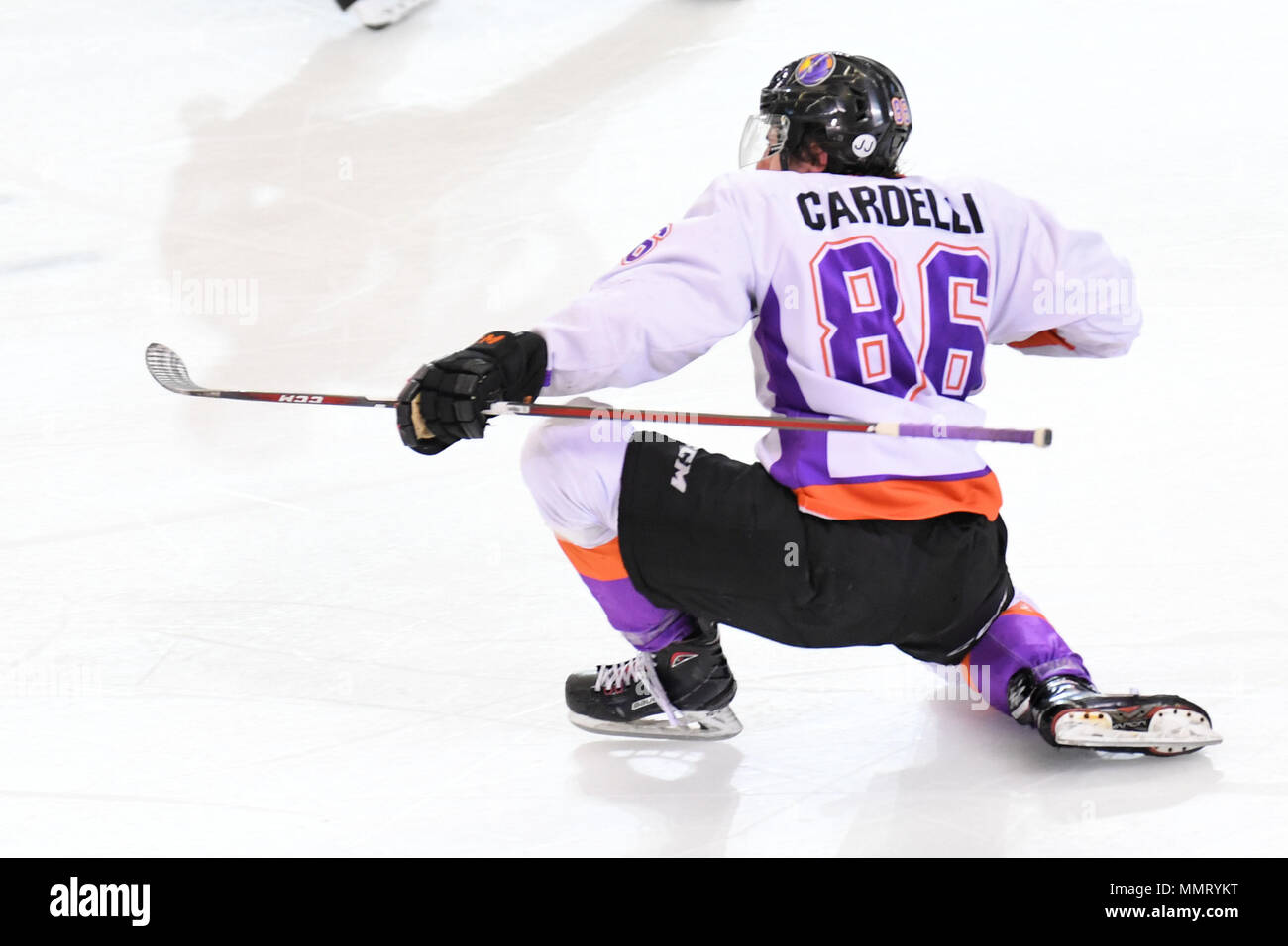 Overtime. 12th May, 2018. Youngstown Phantoms forward Nicholas Cardelli (86) celebrates after scoring the game winning goal in game two of the finals for the United States Hockey League's Clark Cup held at Scheels Arena in Fargo, North Dakota. Youngstown won the game 3-2 in overtime. Russell Hons/CSM/Alamy Live News Stock Photo