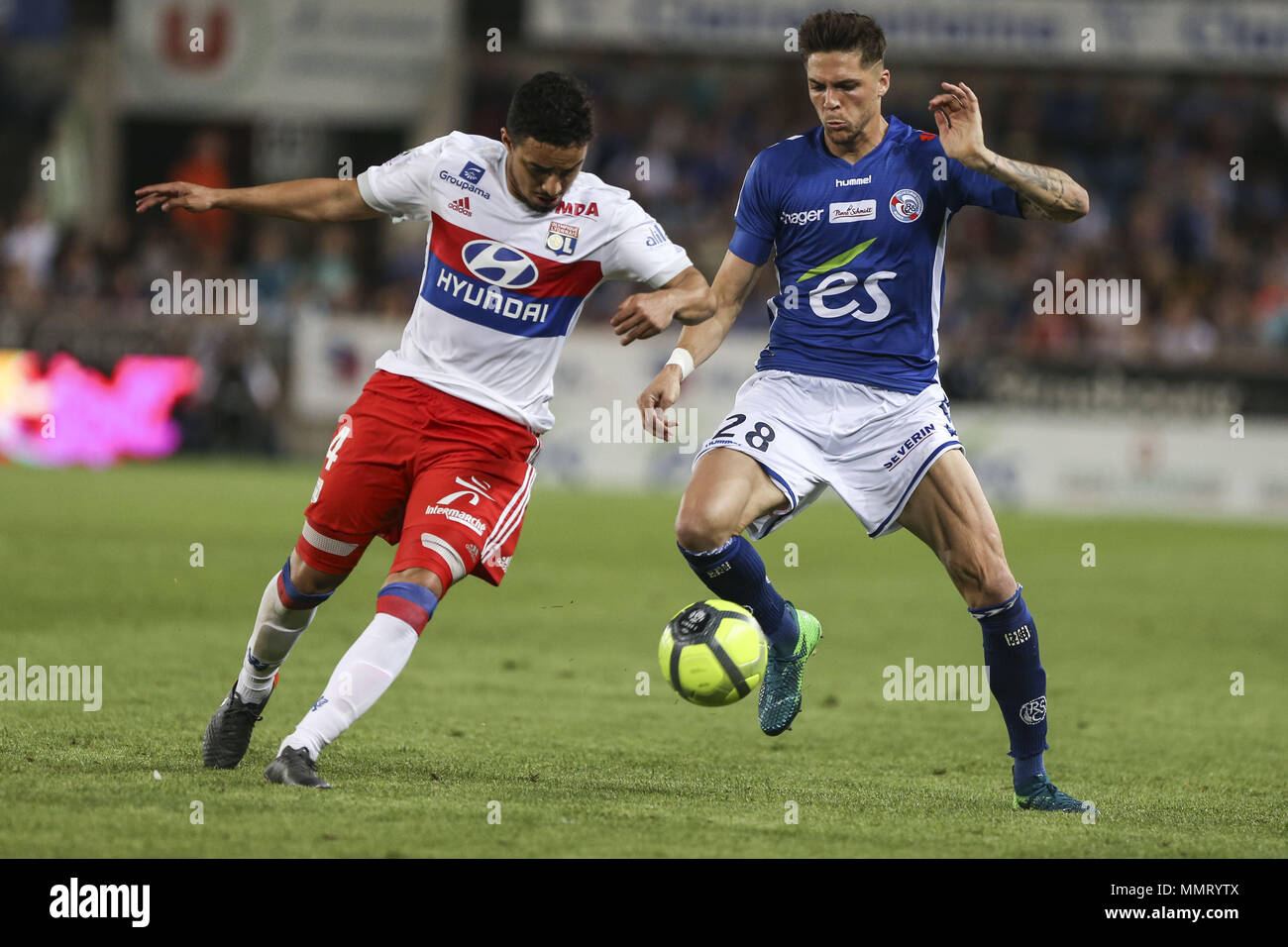 Strasbourg, France. 12th May, 2018. Pereira Da Silva Rafael (L) and Martin Jonas (R) in action during the French L1 football match between Strasbourg (RCSA) and Lyon (OL) at the Meinau stadium.Final Score Credit: Elyxandro Cegarra/SOPA Images/ZUMA Wire/Alamy Live News Stock Photo