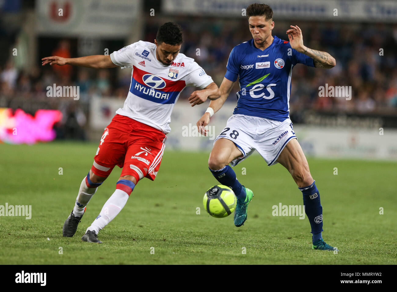 Strasburg, France. 12th May, 2018. Pereira Da Silva Rafael (L) and Martin Jonas (R) in action during the French L1 football match between Strasbourg (RCSA) and Lyon (OL) at the Meinau stadium. Final Score (Strasbourg 3 - 2 Lyon) Credit: SOPA Images Limited/Alamy Live News Stock Photo
