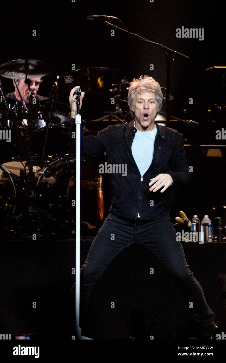 Toronto, CANADA. 12th May, 2018. Jon Bon Jovi and drummer Tico Torres perform at the Air Canada Centre in Toronto. Credit: Bobby Singh/Alamy Live News. Stock Photo