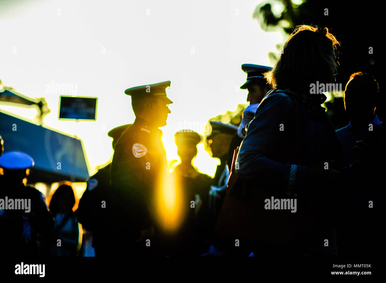 Cannes, France. 12th May 2018. Atmosphere at Palais des Festivals on Saturday 12 May 2018 during the 71st Cannes Film Festival held at Palais des Festivals, Cannes. Pictured: Police officers in the evening light. Picture by Julie Edwards/LFI/Avalon. Credit: Julie Edwards/Alamy Live News Stock Photo