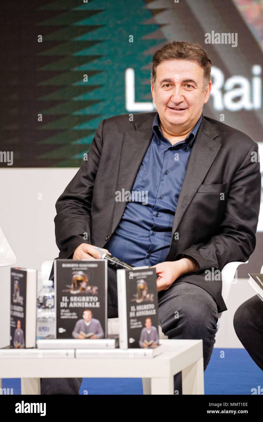 Turin, Italy. 12 May, 2018. Turin Book Fair: Roberto Giacobbo speaking on his new book:'Il segreto di Annibale' (Hannibal's secret). MLBARIONA/Alamy Live News. Stock Photo