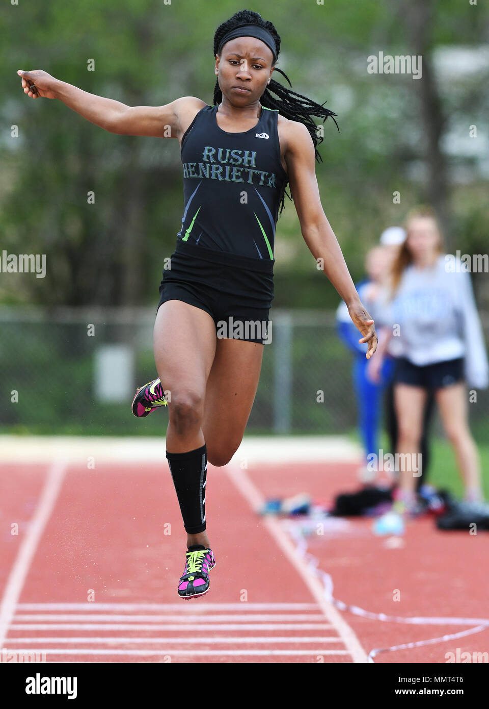 Henrietta, NY, USA. 12th May, 2018. Rush-Henrietta's Lanae-Tava Thomas at the long jump at the Royal Comet Invitational at Rush Henrietta High School in Henrietta, NY. Photo by Alan Schwartz/Cal Sport Media/Alamy Live News Stock Photo