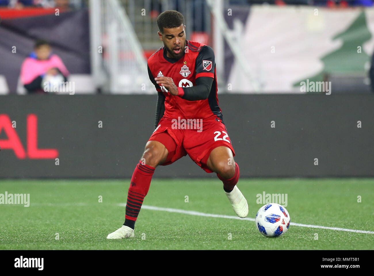 Gillette Stadium. 12th May, 2018. MA, USA; Toronto FC forward Jordan Hamilton (22) in action during an MLS match between Toronto FC and England Revolution at Gillette Stadium. New won