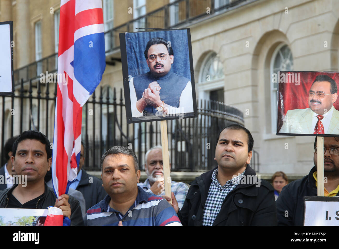 London UK 13 May 2018 The Mohair protesting outside Downing Street demanding for the UK government to help them achieve independence and to ask the Pakistani authorities to stop the killing and torture of their people. Mohajirs are Muslim immigrants, of multi-ethnic origin, and their descendants, who migrated from various regions of India after the Partition of India to settle in the newly independent state of Pakistan.@Paul Quezada-Neiman/Alamy Live News Stock Photo