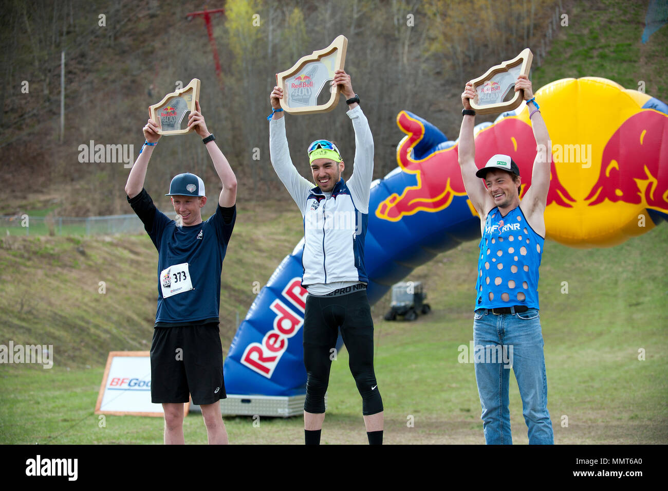 Ironwood, USA. 12th May, 2018. Pictured, from left, are the top three men's finishers in the Red Bull 400 inaugural race at Copper Peak, Ironwood, MI on Saturday, May 12: 3rd -- Jard Shumat, Park City, UT; 1st -- Ian Torchia, Marquette, MI and 2nd -- Matt Lipsey, Harrisburg, PA. Credit: Dean Acheson/Alamy Live News Stock Photo