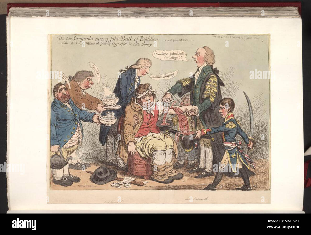 Satire on the Napoleonic wars. (British political cartoon) Doctor Sangrado curing John Bull of repletion -- with the kind offices of young Clysterpipe & little Boney. 2 May 1803. Bodleian Libraries, Satire on the Napoleonic wars. (British political cartoon) Doctor Sangrado curing John Bull of repletion -- with the kind offices of young Clysterpipe & little Boney. 2 May 1803. Bodleian Libraries,