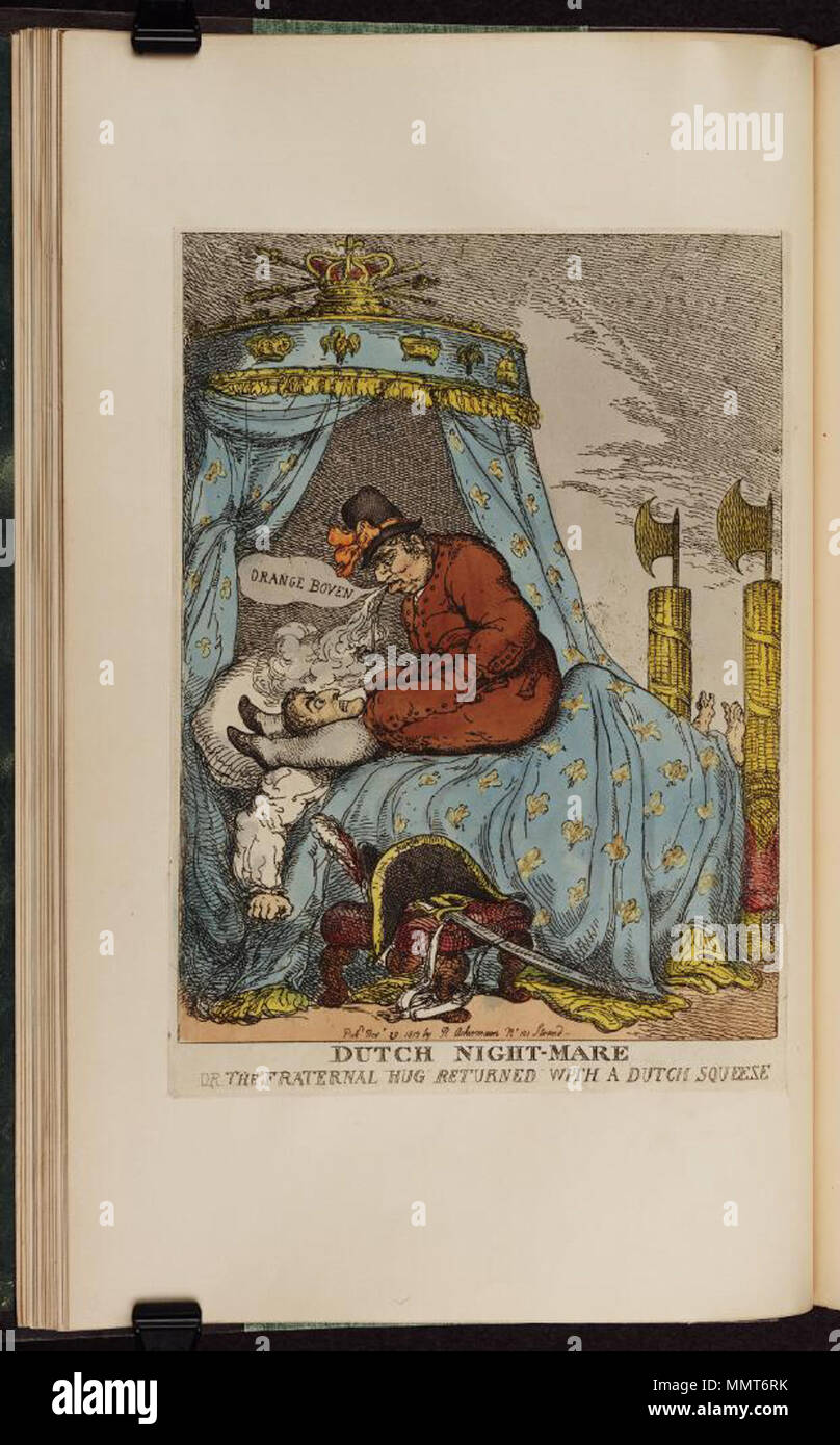 . Satire on the Napoleonic wars. (British political cartoon)  Dutch night-mare or: the fraternal hug returned with a Dutch squeeze. 29 November 1813. Bodleian Libraries, Dutch nightmare or- the fraternal hug returned with a Dutch squeeze Stock Photo