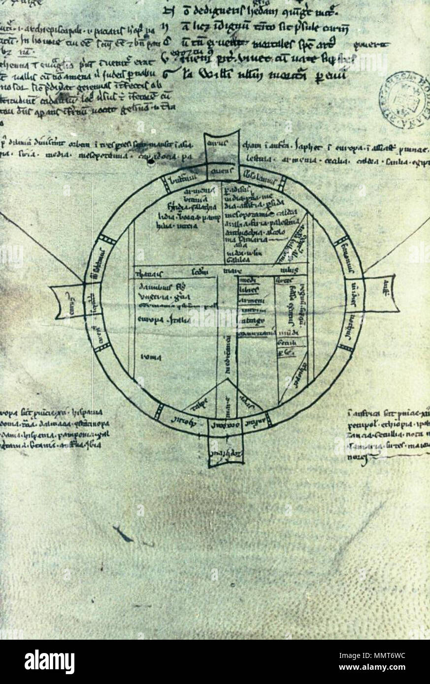 . Map with truncated Nile and Don; with some place-names (but not Jerusalem), in English manuscript of Ph. de Castellione, Alexandreis. The four tags around the circle bear the names of the winds and the cardinal points.  [Elaborate T-O map]. between 1245 and 1300. Bodleian Libraries, Elaborate TO map Stock Photo