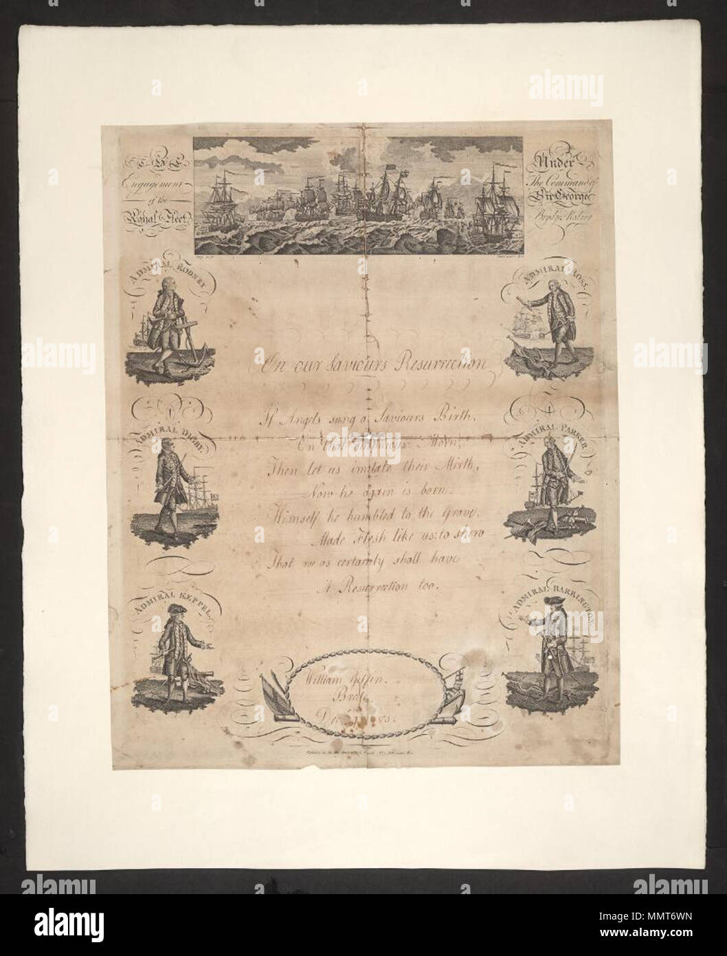 . Writing blank entitled The engagement of the Royal Fleet under the command of Sir George Brydge Rodney; Admiral Rodney; Admiral Ross; Admiral Digby; Admiral Parker; Admiral Keppel; Admiral Barrington; Engagement of the Royal Fleet under the command of Sir George Brydge Rodney  Engagement of the Royal Fleet under the command of Sir George Brydge Rodney. 9 December 1783. Farrell, I. [author] Bodleian Libraries, Engagement of the Royal Fleet under the command of Sir George Brydge Rodney Stock Photo
