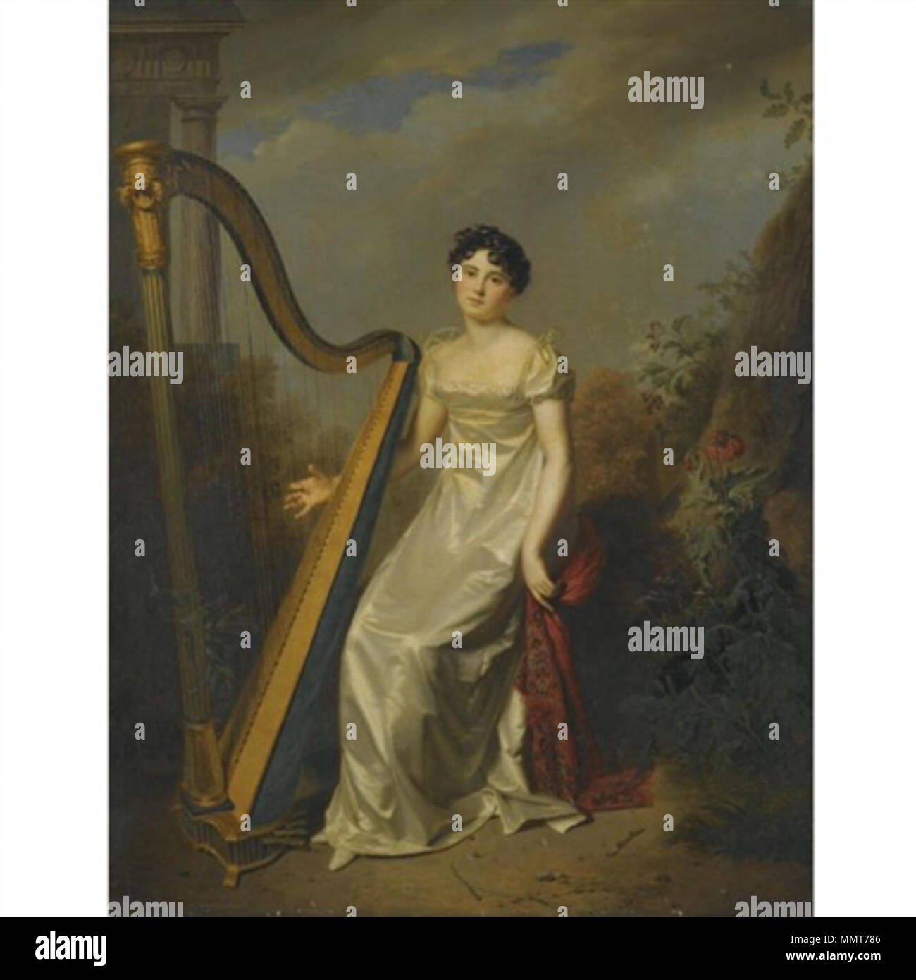 English: Portrait of a lady, wearing a white dress and seated beside a harp,  a landscape beyond (marquise de Chamillard?) Français : Portrait d'une  dame, vêtue d'une robe blanche et assise à