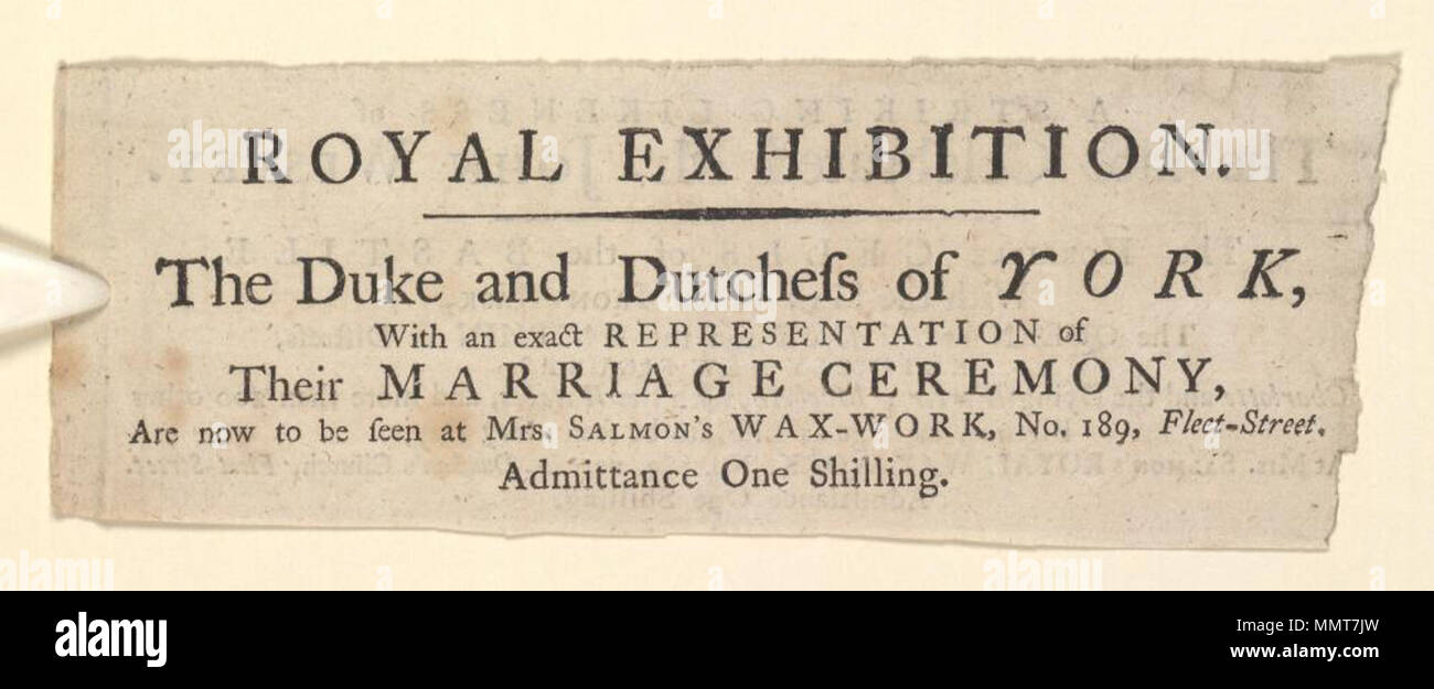 . Handbill of Mrs. Salmon's Royal Wax-Work; printed on recto and verso; Duke and Duchess of York, with an exact representation of their marriage ceremony; Striking likeness of the late celebrated Mr. John Wesley (text on verso); Horrible cells of the Bastille; Man in the iron mask; Queen of France and the Dauphin in distress; Charlotte and the dying Werter; Macbeth, with the witches; [Handbill of Mrs. Salmon's Royal Wax-Work ]  [Handbill of Mrs. Salmon's Royal Wax-Work ] Mrs. Salmon's Royal Wax-Work (London, England) [author] Bodleian Libraries, Handbill of Mrs. Salmon's Royal Wax-Work Stock Photo