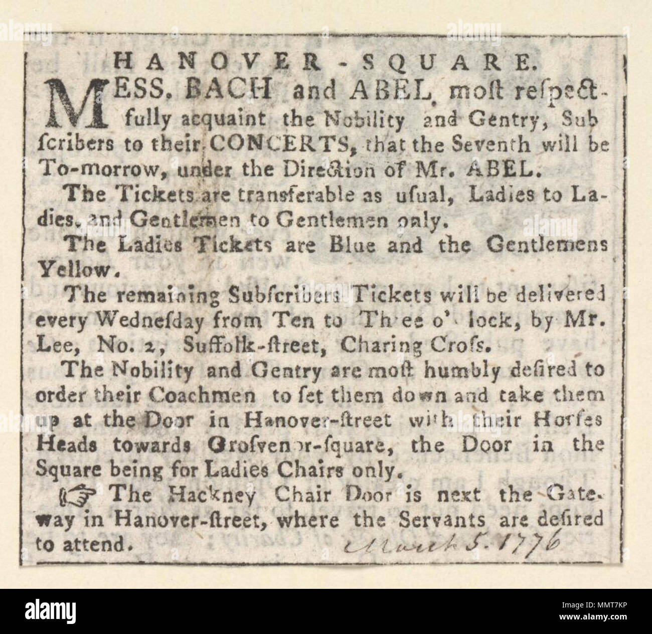 . Newscutting relating to Hanover Square, [March 5 1776], announcing a concert; 'the tickets are transferable, as usual, ladies to ladies, and gentlemen to gentlemen only. The ladies tickets are blue, and gentlemens yellow'. Contains much information about tickets, distribution of tickets, coaches, hackney carriages, etc.; March 5 1776 (manuscript); Concert; Hanover-Square  Hanover-Square. 5 March 1776. Hanover Square ([London], England) [author] Bodleian Libraries, Hanover-Square 64 Stock Photo