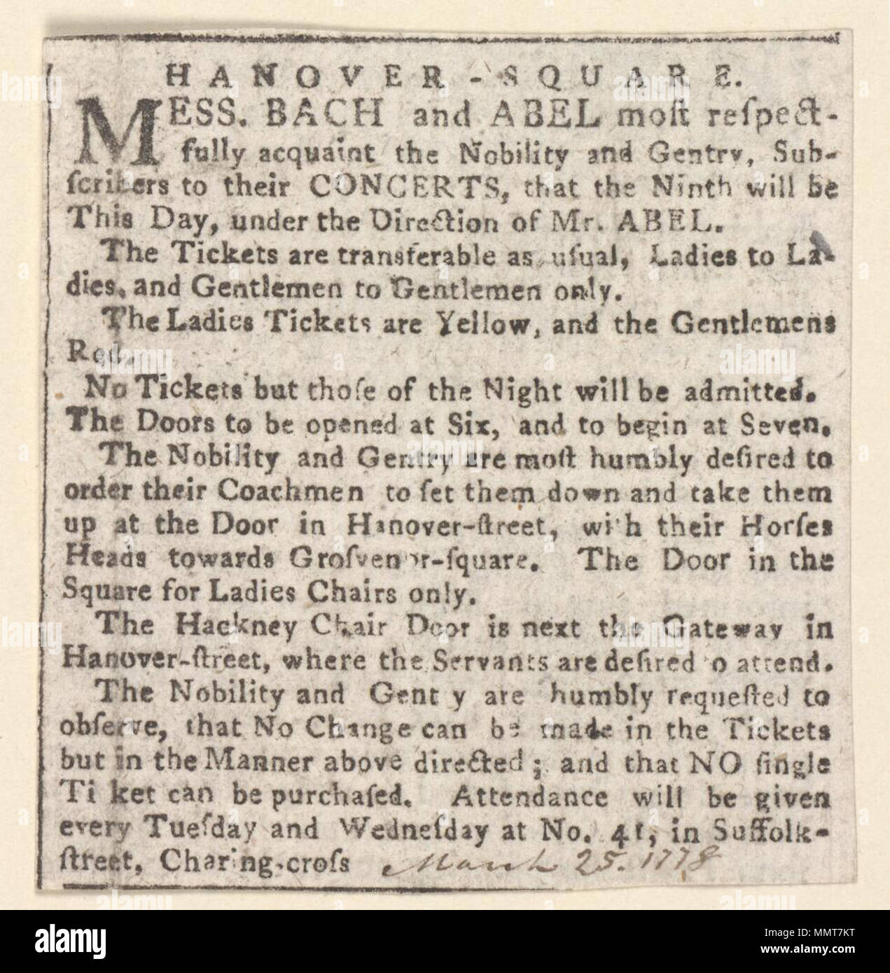 . Newscutting relating to Hanover-Square, [March 25th 1778], announcing Concert; 'the tickets are transferable, as usual, ladies to ladies, and gentlemen to gentlemen only. The ladies tickets are yellow, and gentlemens red'. Contains much information about tickets, distribution of tickets, coaches, hackney carriages, etc.; March 25 1778 (manuscript); Concert; Hanover-Square  Hanover-Square. 25 March 1778. Hanover-Square ([London], England) [author] Bodleian Libraries, Hanover-Square 71 Stock Photo