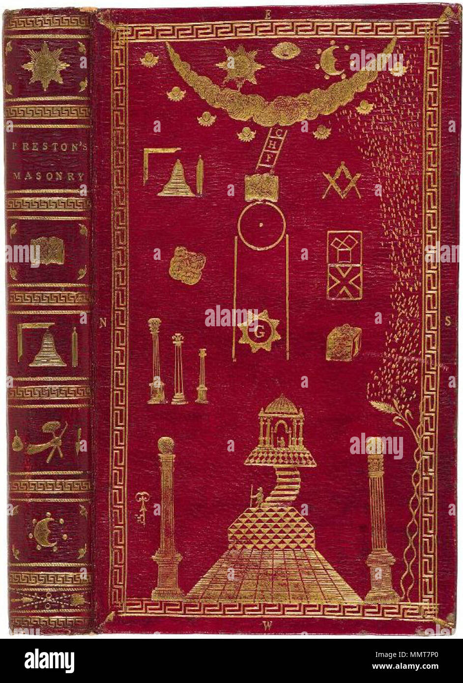 . Masonic binding. English (London), 19th century. John Lovejoy. Red goatskin; the front cover filled with Masonic emblems. Lovejoy specialised in Masonic bindings.  Illustrations of Masonry (11th edn.). 1804. William Preston Bodleian Libraries, Illustrations of Masonry (11th edn) Stock Photo