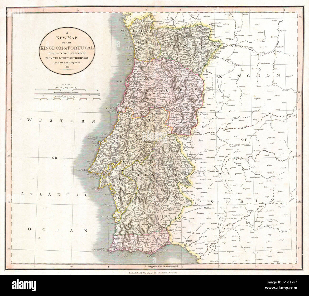 .  English: This is a stunning 1811 map of Portugal by the important late 18th / early 19th century Edinburgh cartographer John Cary. Fully depicts the country and its various regions. The popular resort province of Algarve, is listed as its own Kingdom. Dated, London, April 21, 1811.  A New Map of the Kingdom of Portugal. Divided into its Provinces. From the Latest Authorities.. 1811. 1811 Cary Map of the Kingdom of Portugal - Geographicus - Portugal-cary-1811 Stock Photo