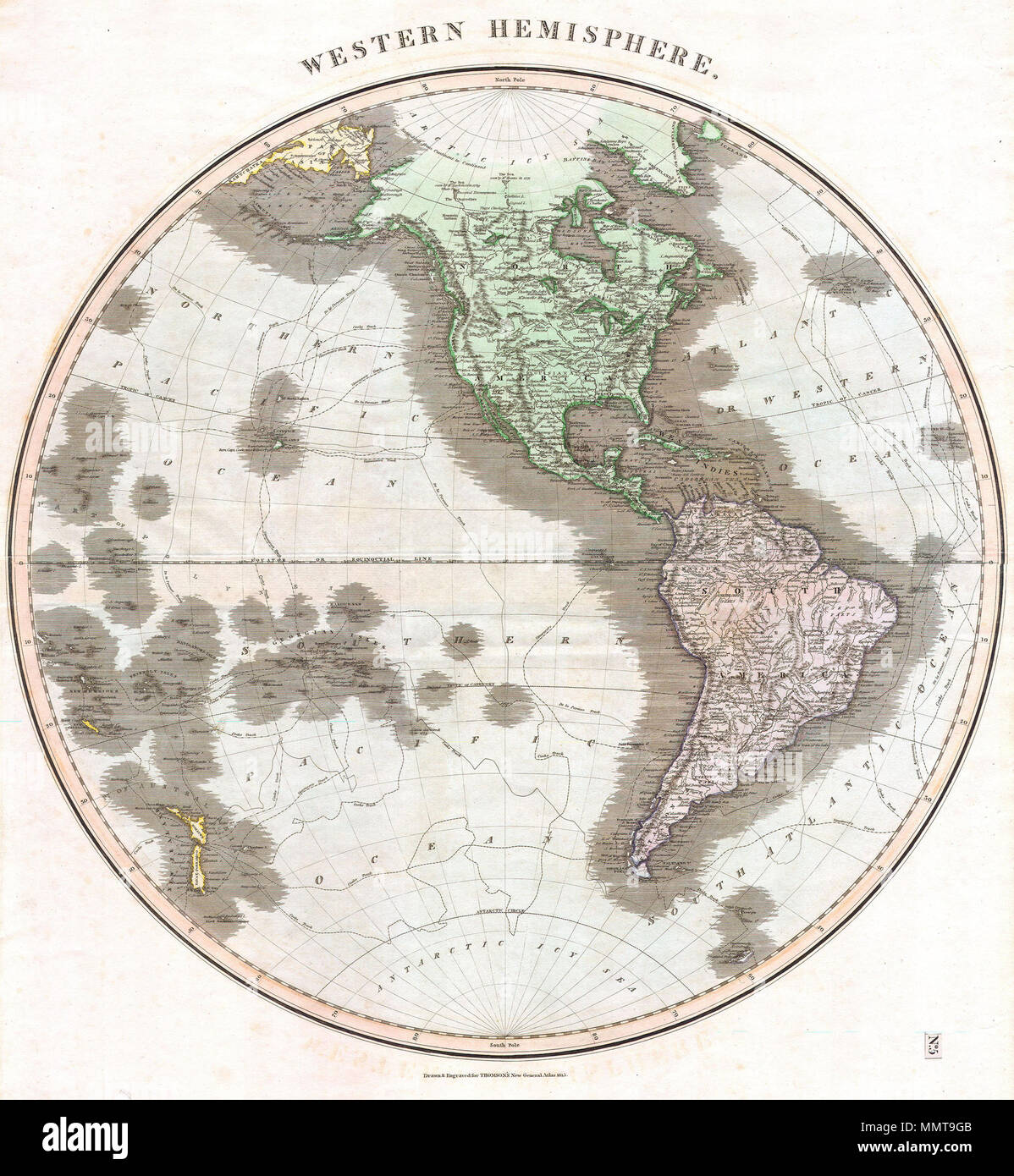 .  English: This fascinating hand colored 1815 map by Edinburgh cartographer John Thomson depicts North America and South America or the Western Hemisphere. Map covers from the Arctic to the Antarctic and from New Zealand to the Cape Verde Islands. Depicts the routes of various important explorers include Cook, Gores, Vancouver and Perouse. America's Northwest Coast is only vaguely mapped. Dated, 1815. One of the finest maps of the Western Hemisphere to appear in the 19th century.  Western Hemisphere.. 1814. 1814 Thomson Map of the Western Hemisphere ( North America ^ South America ) - Geograp Stock Photo