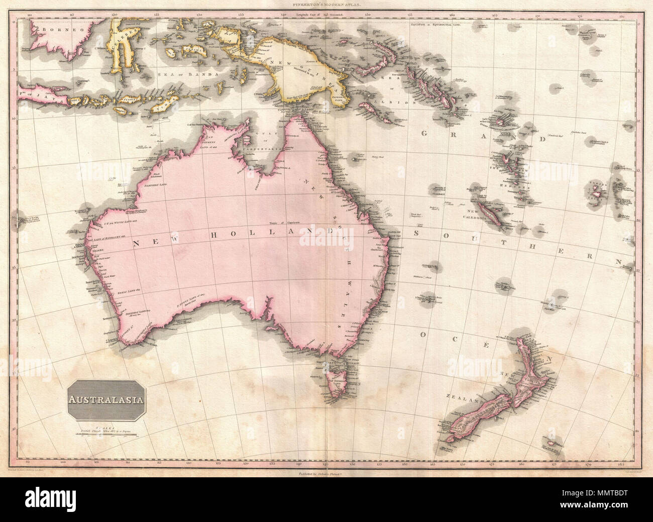 .  English: Truly a masterwork of copperplate engraving, this is Pinkerton's extraordinary 1818 map of Australia, New Zealand and parts of the East Indies and Polynesia. Covers from Borneo south past Australia as far as Tasmania, and New Zealand. Pinkerton offers detail as he is able, but in 1808, when this map was being composed, this part of the world remained for the most part unexplored. New Guinea, New Zealand and Australia, had, around this time, been mapped only tentatively and then only their coastlines. In Southern Australia and New Guinea, even this was vague, as Pinkerton notes alon Stock Photo