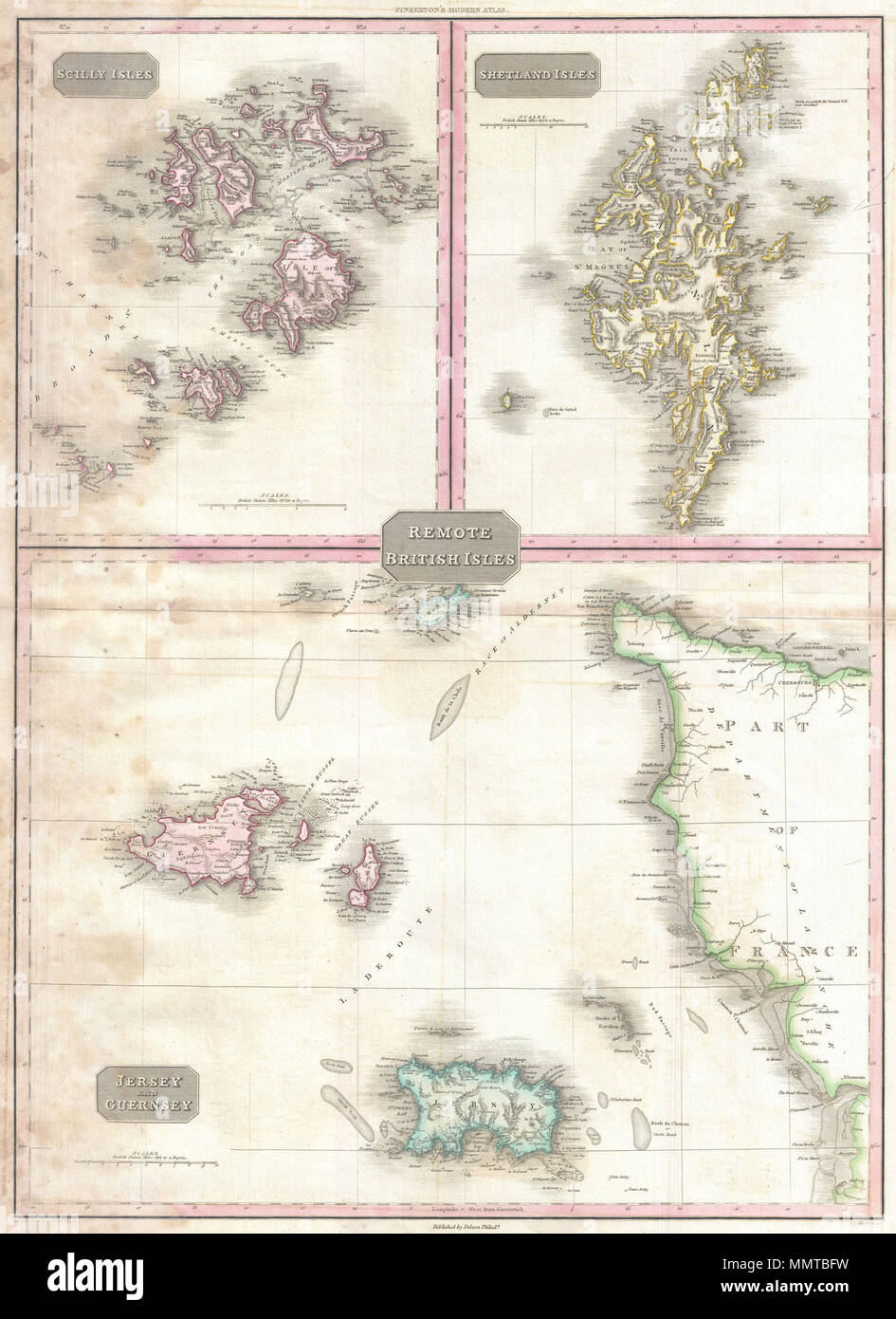 .  English: Pinkerton's extraordinary 1818 map of the Remote British Isles. Essentially three maps in one, this chart depicts the Scilly Isles, the Shetland Isles and the Jersey and Guernsey Islands. Upper left map depicts the Scilly Isles, naming each, and identifying various undersea dangers in the channels between the islands. Upper right map details the Shetland Isles, naming each as well as offering inland details. The lower half of this map is dedicated to the Channel Islands of Jersey, Guernsey and Alderny. Also includes a significant portion of adjacent France. Shows numerous undersea  Stock Photo