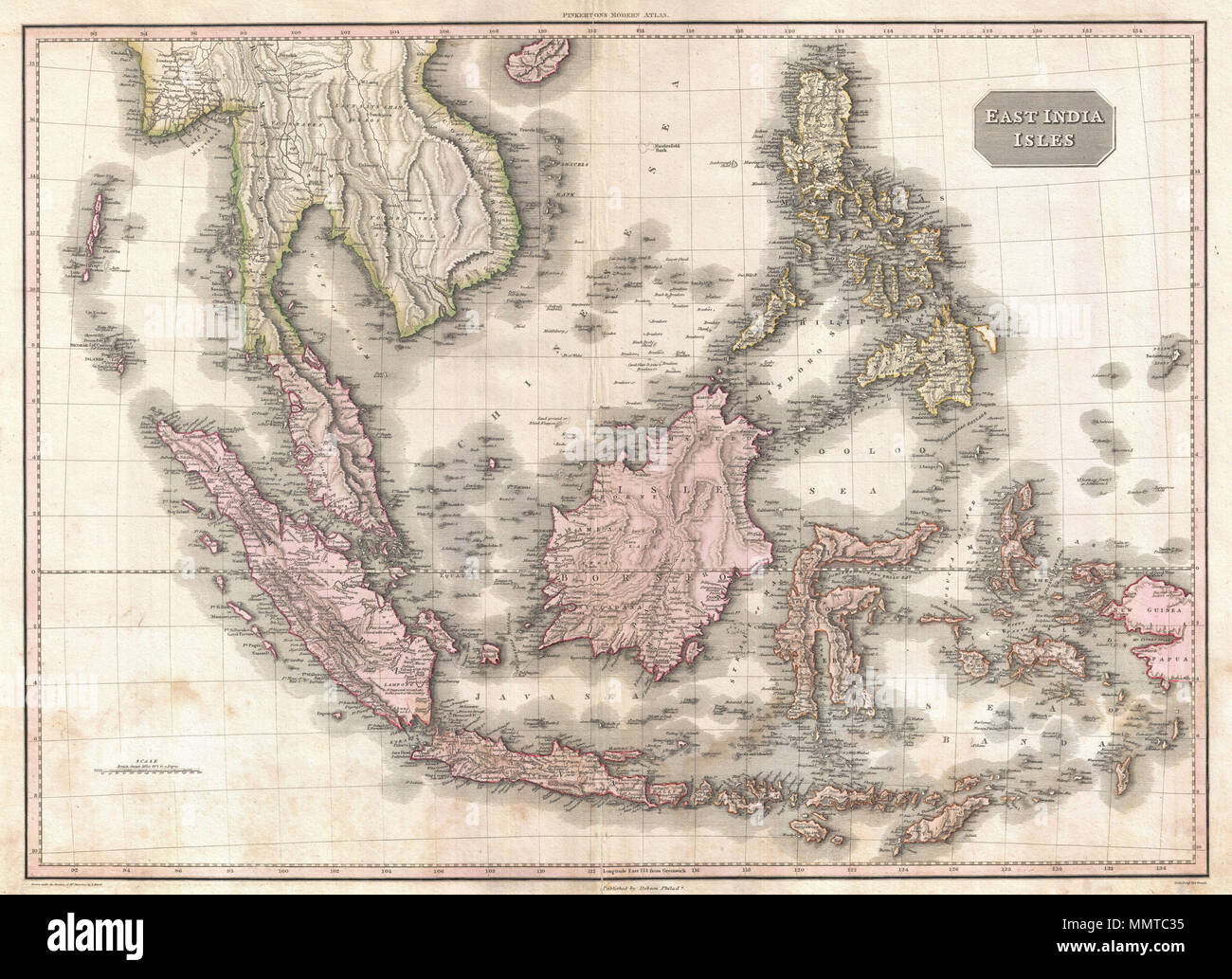 .  English: Truly a masterwork of copperplate engraving, this is Pinkerton's extraordinary 1818 map of the East Indies. Covers from Burma south to Java and from the Andaman Islands eastward as far as the Philippines and New Guinea. Includes the entire Malay Peninsula, much of Southeast Asia (Thailand, Cambodia, Vietnam), Sumatra, Java, Borneo and the Philippines. Pinkerton offers impressive detail throughout noting indigenous groups, forts, towns and cities, swamps, mountains, and river systems. Known regions such as Java and Sumatra are full of interesting notes and commentary, such as the si Stock Photo
