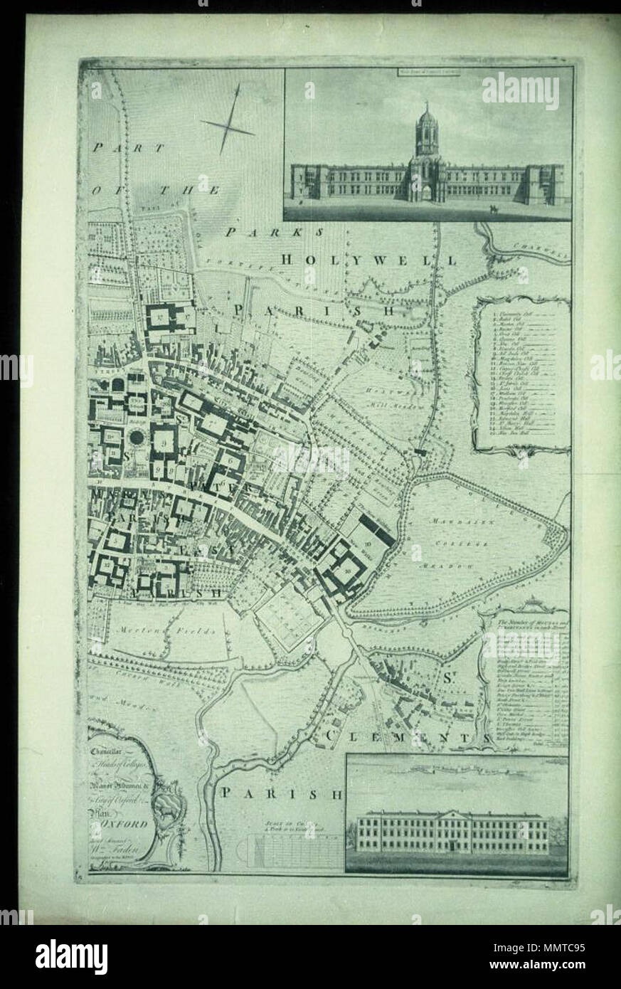 . Oxford, mid-18th century, with many medieval features. Surveyed by Isaac Taylor, engraved by George Anderton and published by William Jackson. Scale c.1: 2,400; Image 2  [Plan of the University and City of Oxford]. 1751. Bodleian Libraries, Plan of the University and City of Oxford Image 2 Stock Photo