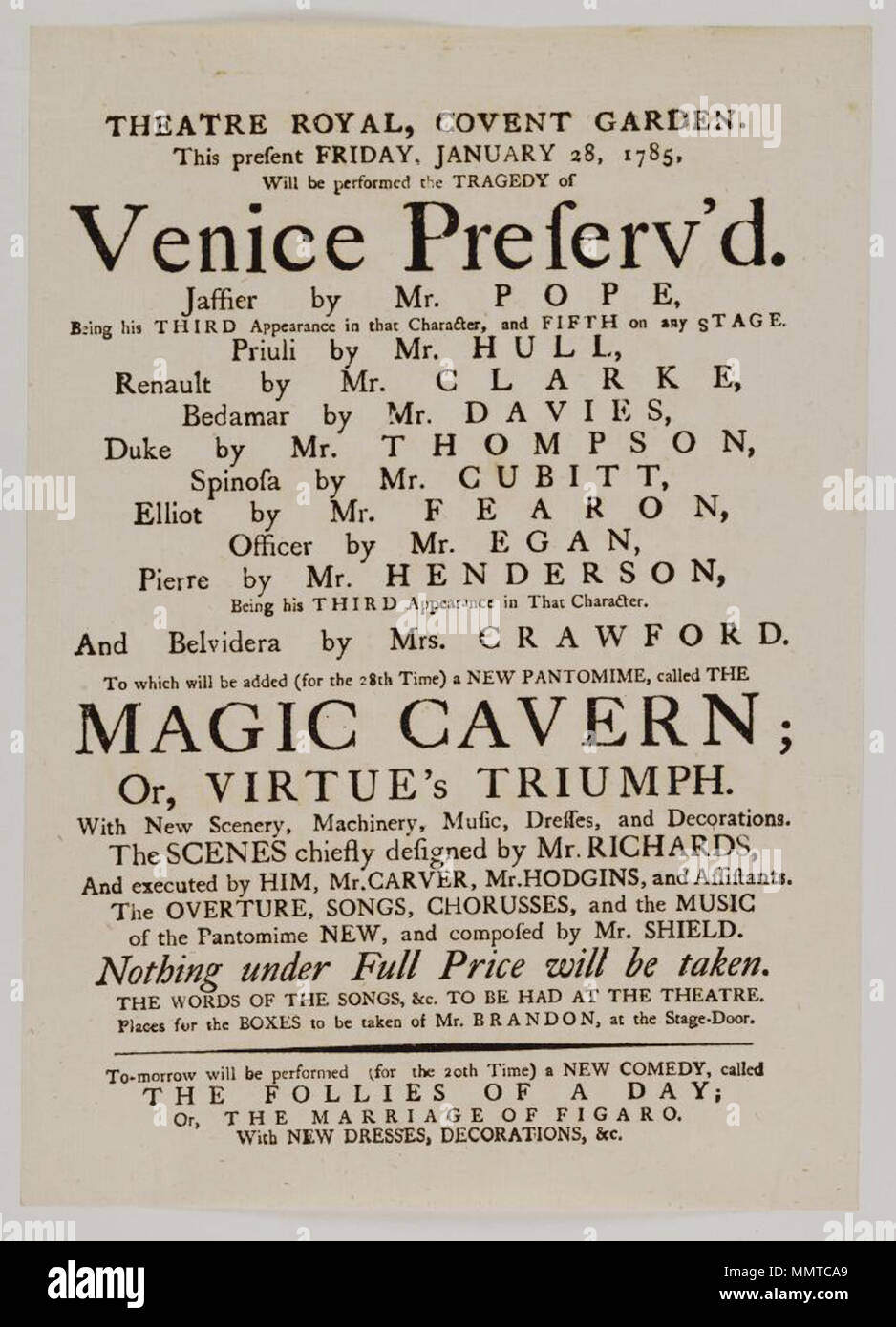Playbill of Covent Garden, Friday, January 28, 1785, announcing Venice  preserv'd &c.; Venice preserv'd; Magic cavern; or, Virtue's triumph;  Follies of a day; or, The marriage of Figaro; [Playbill of Covent