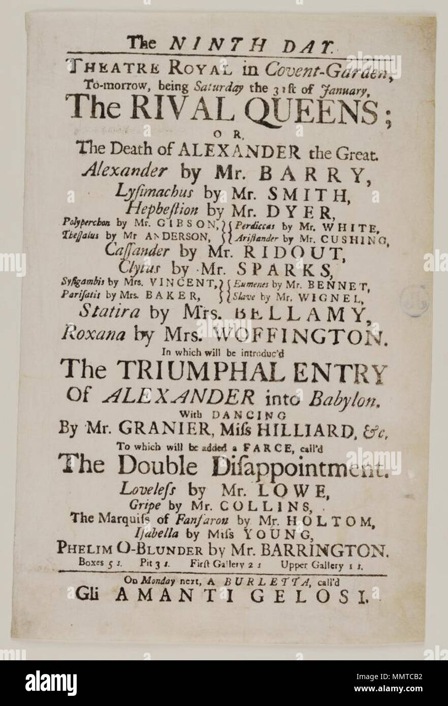 . Playbill of Covent Garden, Saturday the 31st of January [1747], announcing The rival queens; or, The death of Alexander the Great &c.; Rival queens; or, The death of Alexander the Great; Double disappointment; Amanti Gelosi; [Playbill of Covent Garden, Saturday the 31st of January [1747], announcing The rival queens; or, The death of Alexander the Great &c.]  [Playbill of Covent Garden, Saturday the 31st of January [1747], announcing The rival queens; or, The death of Alexander the Great &c.]. 31 January 1747. Covent Garden Theatre [author] Bodleian Libraries, Playbill of Covent Garden, Satu Stock Photo