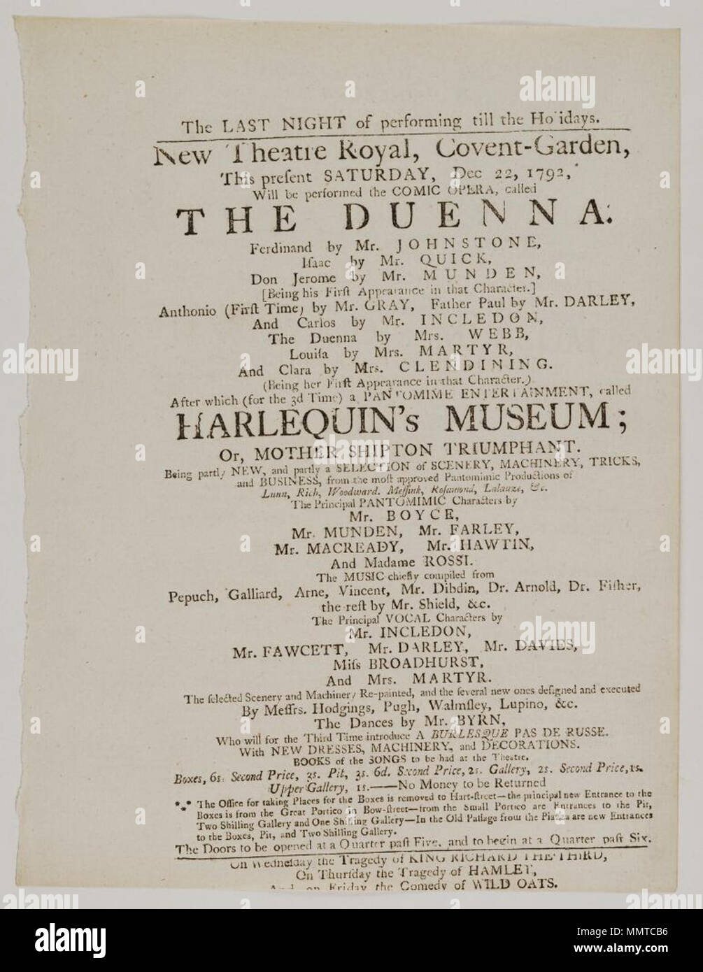 . Playbill of Covent Garden, Saturday, Dec. 22, 1792, announcing The duenna &c.; Duenna; Harlequin's museum; or, Mother Shipton triumphant; King Richard the third; Hamlet; Wild oats; [Playbill of Covent Garden, Saturday, Dec. 22, 1792, announcing The duenna &c.]  [Playbill of Covent Garden, Saturday, Dec. 22, 1792, announcing The duenna &c.]. 22 December 1792. Covent Garden Theatre [author] Bodleian Libraries, Playbill of Covent Garden, Saturday, Dec. 22, 1792, announcing The duenna &amp;c. Stock Photo
