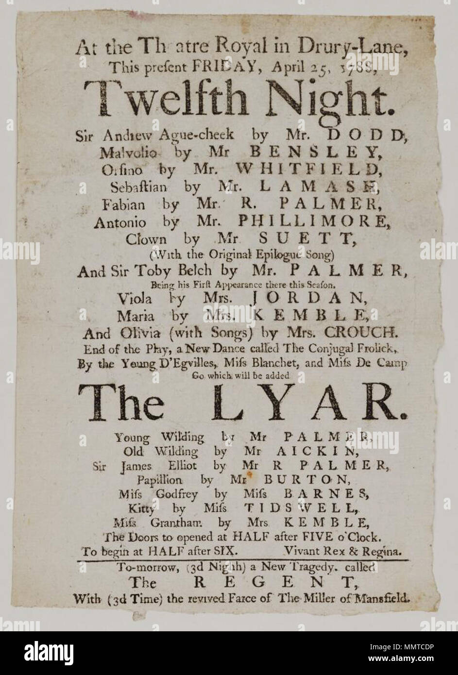 . Playbill of Drury Lane Theatre, Friday, April 25, 1788, announcing Twelfth night &c.; Twelfth night: 'with the original epilogue song'; Twelfth night; Conjugal frolick; Lyar; Regent; Miller of Mansfield; [Playbill of Drury Lane Theatre, Friday, April 25, 1788, announcing Twelfth night &c.]  [Playbill of Drury Lane Theatre, Friday, April 25, 1788, announcing Twelfth night &c.]. 25 April 1788. Drury Lane Theatre [author] Bodleian Libraries, Playbill of Drury Lane Theatre, Friday, April 25, 1788, announcing Twelfth night &amp;c. Stock Photo