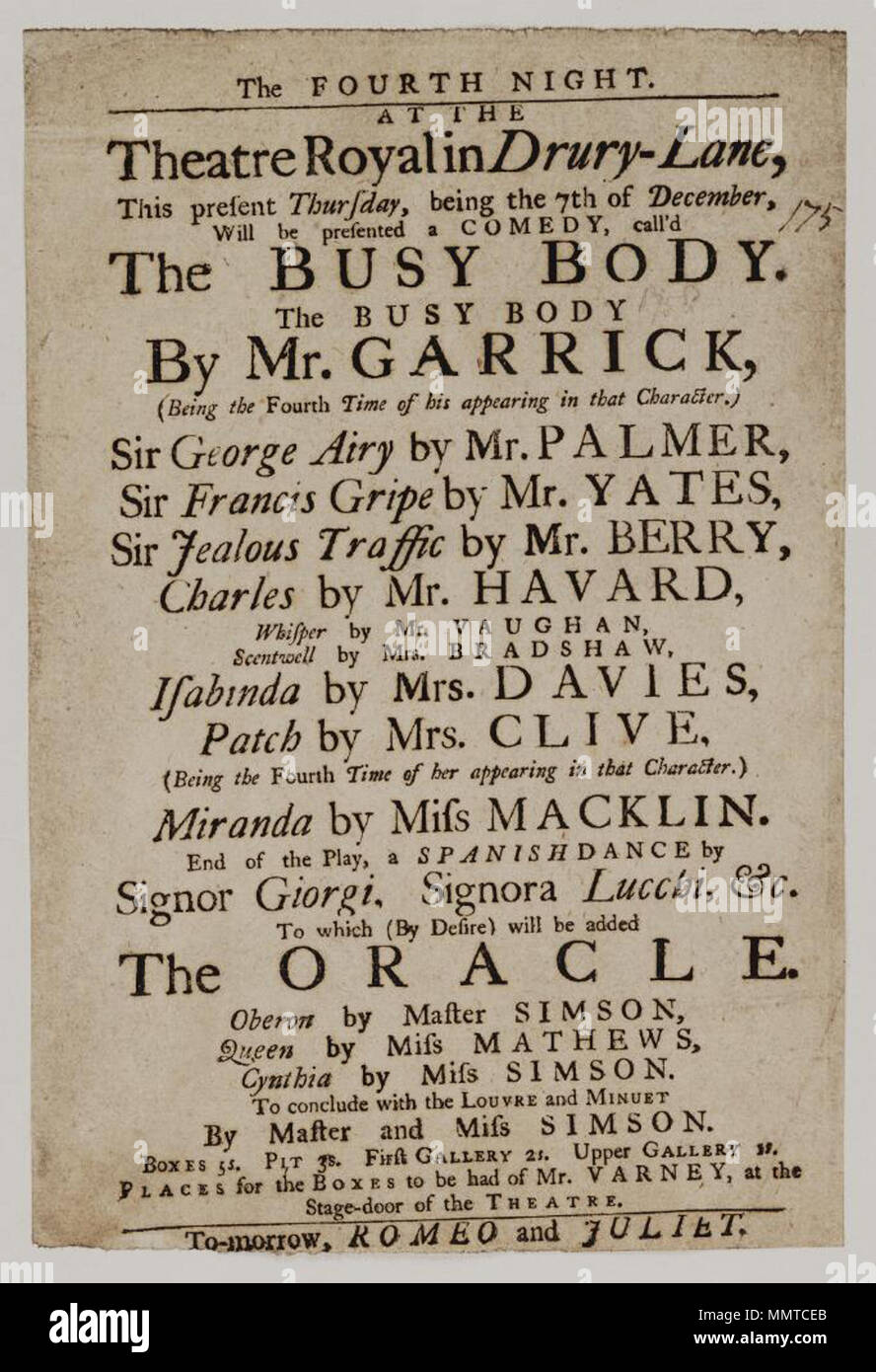 . Playbill of Drury Lane Theatre, Thursday, being the 7th of December [1758], announcing The busy body &c.; 175; Busy body; Spanish dance; Oracle; Louvre and minuet; Romeo and Juliet; [Playbill of Drury Lane Theatre, Thursday, being the 7th of December [1758], announcing The busy body &c.]  [Playbill of Drury Lane Theatre, Thursday, being the 7th of December [1758], announcing The busy body &c.]. 7 December 1758. Drury Lane Theatre [author] Bodleian Libraries, Playbill of Drury Lane Theatre, Thursday, being the 7th of December 1758, announcing The busy body &amp;c. Stock Photo