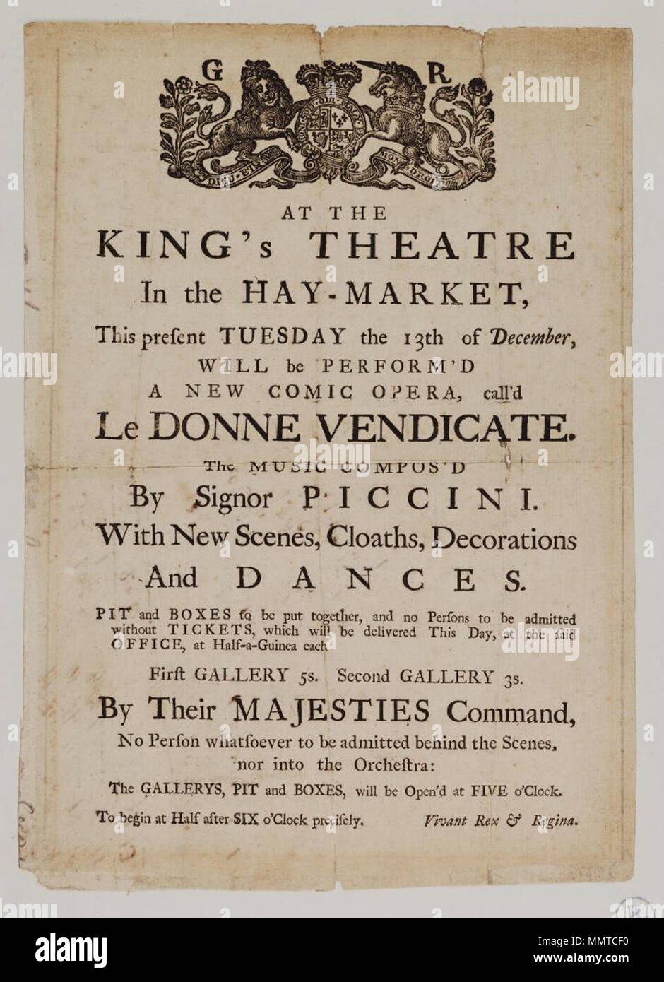 . Playbill of His Majesty's Theatre, Tuesday the 13th of December [1768], announcing Le donne vendicate &c.; Donne vendicate; [Playbill of His Majesty's Theatre, Tuesday the 13th of December [1768], announcing Le donne vendicate &c.]  [Playbill of His Majesty's Theatre, Tuesday the 13th of December [1768], announcing Le donne vendicate &c.]. 13 December 1768. His Majesty's Theatre (London, England) [author] Bodleian Libraries, Playbill of His Majesty's Theatre, Tuesday the 13th of December 1768, announcing Le donne vendicate &amp;c. Stock Photo