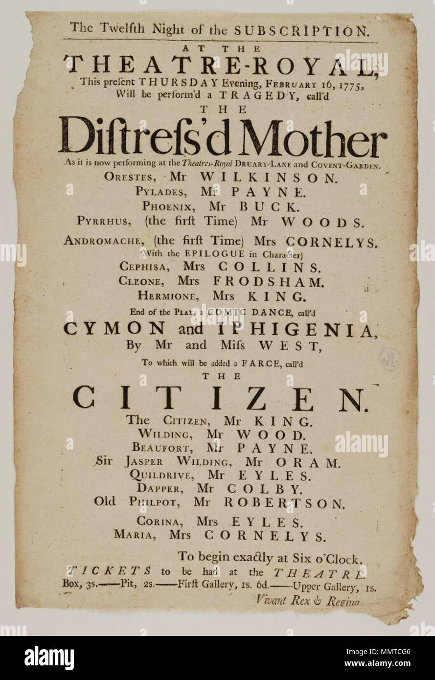 . Playbill of Theatre Royal, Thursday evening, February 16, 1775, announcing The distres'd mother &c.; Distres'd mother; Cymon and Iphigenia; Citizen; [Playbill of Theatre Royal, Thursday evening, February 16, 1775, announcing The distres'd mother &c.]  [Playbill of Theatre Royal, Thursday evening, February 16, 1775, announcing The distres'd mother &c.]. 16 February 1775. Theatre Royal ([York?], England) [author] Bodleian Libraries, Playbill of Theatre Royal, Thursday evening, February 16, 1775, announcing The distres'd mother &amp;c. Stock Photo