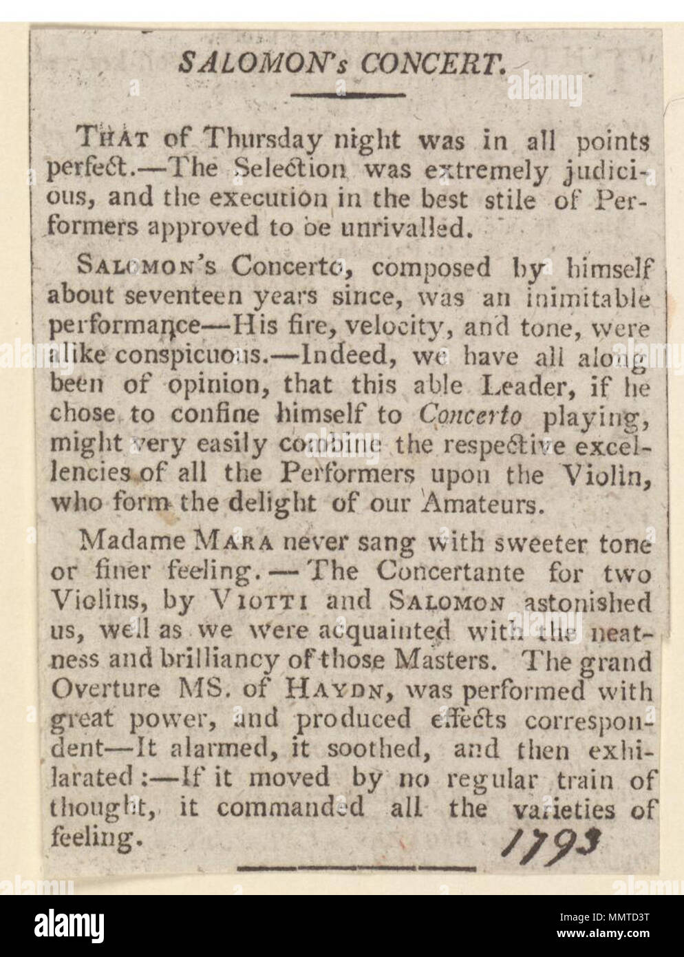 . Newscutting announcing a concert for the benefit of Mr. Lee on Thursday night; 1793 (manuscript); Concerto; Concertante for two violins; Grand overture MS.; Salomon's concert  Salomon's concert. [1793]. Bodleian Libraries, Salomon's concert Stock Photo