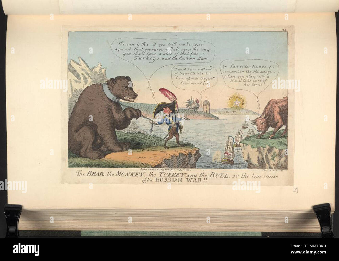 . Satire on the Napoleonic wars. (British political cartoon); A satire on the Treaty of Tilsit, between Tsar Alexander I and Napoleon. Napoleon, as a monkey, urges the Russian bear to make war on Britain.  The bear, the monkey, the turkey and the bull. or: the true cause of the Russian war!!. 20 December 1808. Bodleian Libraries, The bear, the monkey, the turkey and the bull or- the true cause of the Russian war Stock Photo