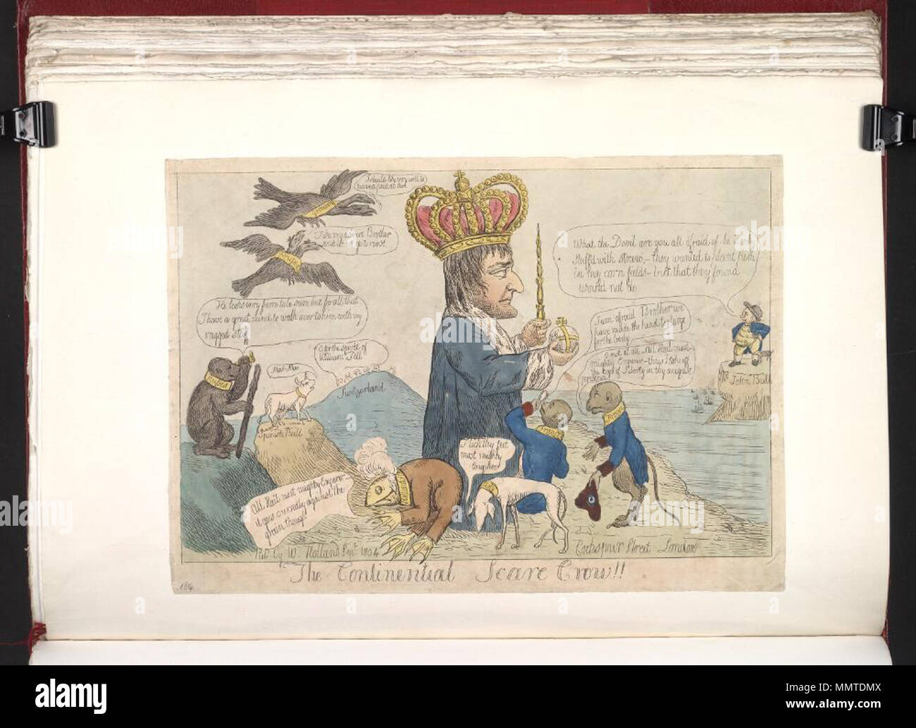 . Satire on the Napoleonic wars. (British political cartoon); Animals representing the Continental European nations obsequiously lick the feet of the Emperor Napoleon. John Bull, standing on his island with the navy offshore, looks defiantly across the Channel.; Not in BMC  The continental scare crow!!. September 1804. Bodleian Libraries, The continental scare crow Stock Photo
