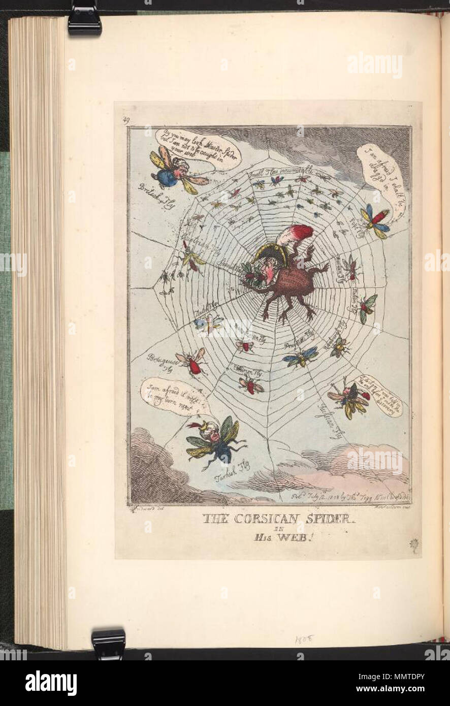 . Caricature of Napoleon I. (British political cartoon); Napoleon is a spider, labelled Unbounded Ambition, swallowing flies caught in his web, the countries of Europe. Only Britain, Turkey, Russia and the Pope remain partly free.; Publisher's number: 49  The Corsican spider in his web!. 12 July 1808. Bodleian Libraries, The Corsican spider in his web Stock Photo