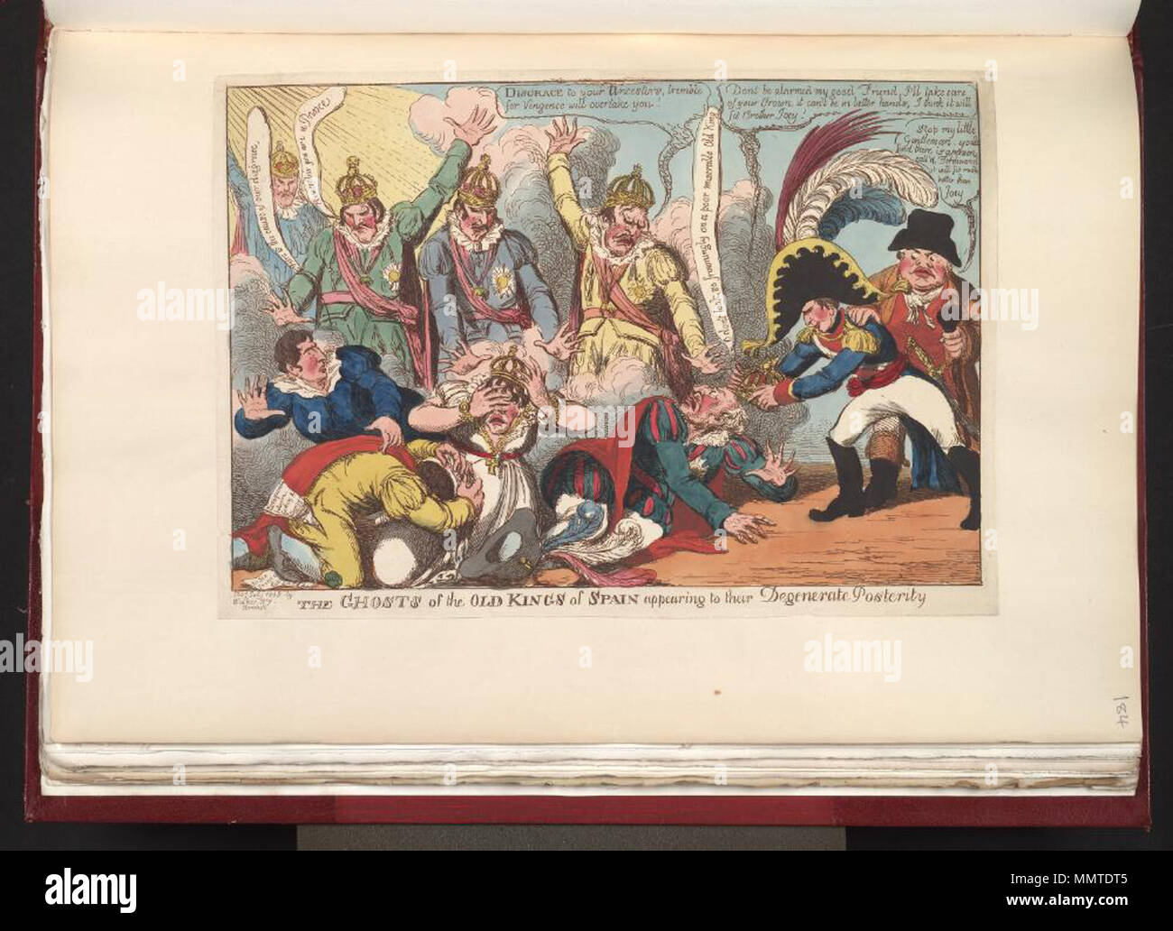 . Satire on the Peninsular war. (British political cartoon); A satire on the quarrels within the royal family of Spain and their capitulation to Napoleon, who declared his own brother Joseph king of Spain.; Attribution from BMC  The ghosts of the old kings of Spain appearing to their degenerate posterity. July 1808. Bodleian Libraries, The ghosts of the old kings of Spain appearing to their degenerate posterity Stock Photo