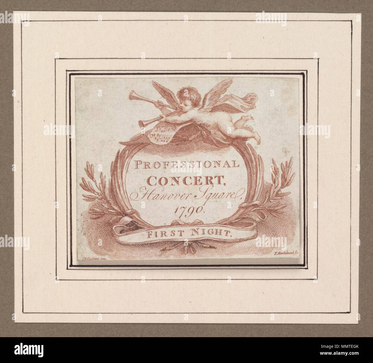 . Ticket for a professional concert at Hanover Square, 1790; 'first night'. Printed in brown ink; Professional concert; [Ticket for a professional concert at Hanover Square, 1790 ]  [Ticket for a professional concert at Hanover Square, 1790 ]. 1790. Hanover Square ([London], England) [author] Bodleian Libraries, Ticket for a professional concert at Hanover Square, 1790 Stock Photo