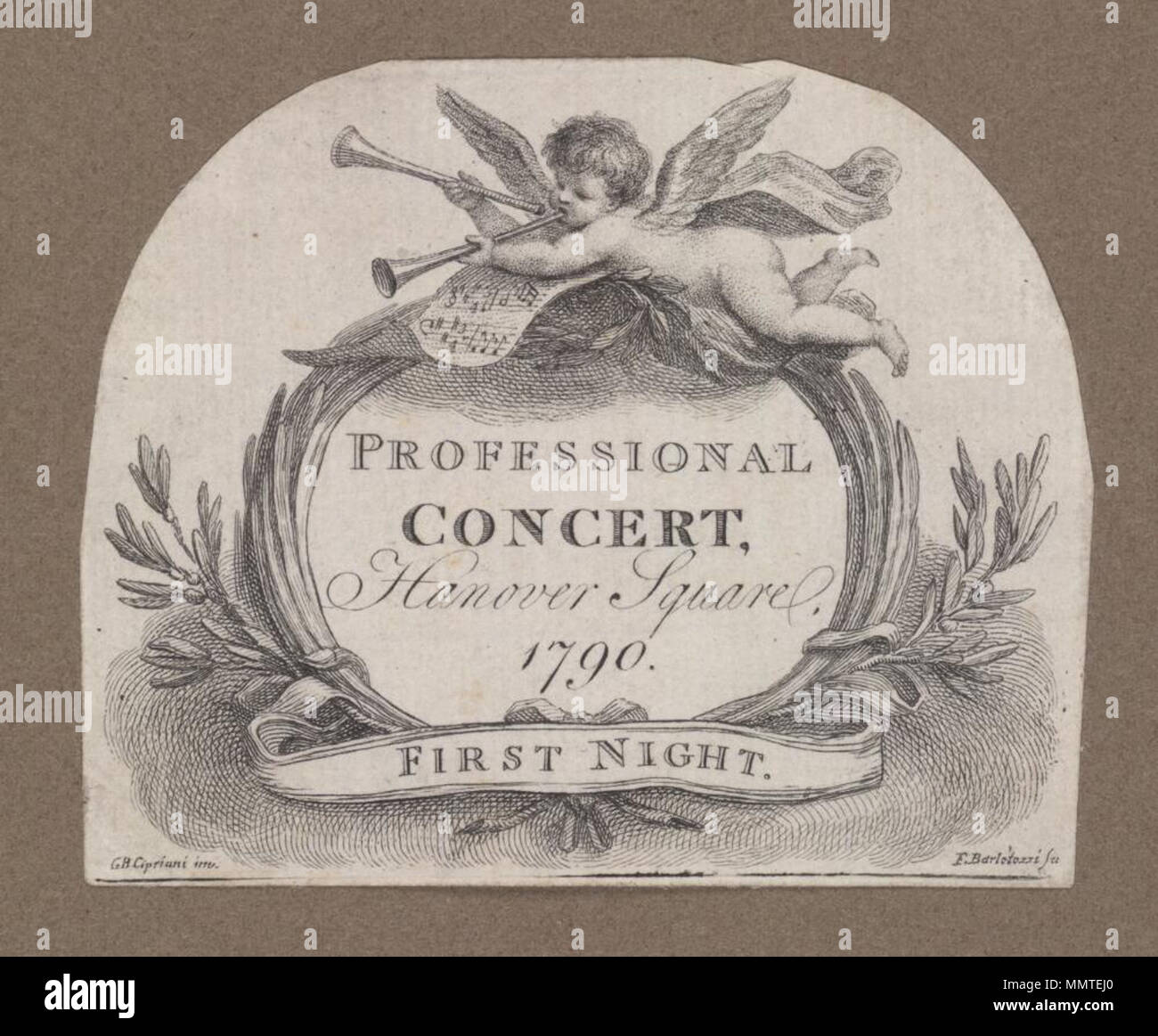 . Ticket of Hanover Square, 1790, announcing a Professional concert; 'first night'. Printed in black ink; [Ticket of Hanover Square, 1790, announcing a Professional concert ]  [Ticket of Hanover Square, 1790, announcing a Professional concert ]. 1790. Hanover Square ([London], England) [author] Bodleian Libraries, Ticket of Hanover Square, 1790, announcing a Professional concert Stock Photo