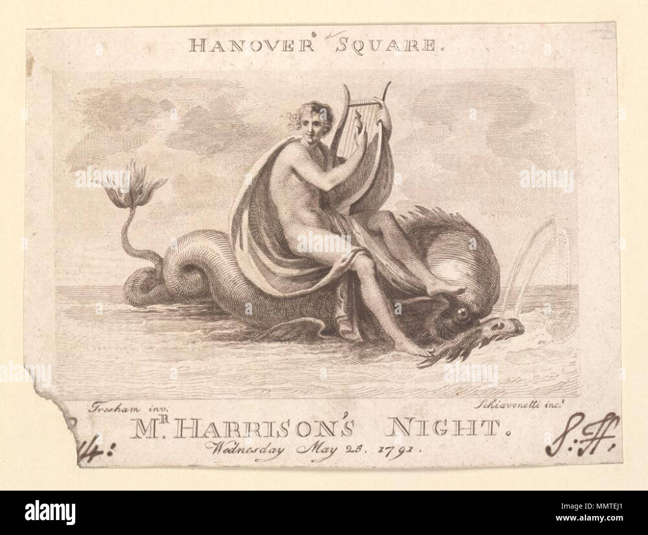 . Ticket of Hanover Square, Wednesday May 25 1791, announcing Mr. Harrison's night; printed in brown ink. Not from same plate as (7a) but same image. Corner torn off; manuscript number: 14(?) at left. Initials in manuscript 'S.H.'; Mr. Harrison's night; [Ticket of Hanover Square, Wednesday May 25 1791, announcing Mr. Harrison's night ]  [Ticket of Hanover Square, Wednesday May 25 1791, announcing Mr. Harrison's night ]. 25 May 1791. Hanover Square ([London], England) [author] Bodleian Libraries, Ticket of Hanover Square, Wednesday May 25 1791, announcing Mr. Harrison's night Stock Photo