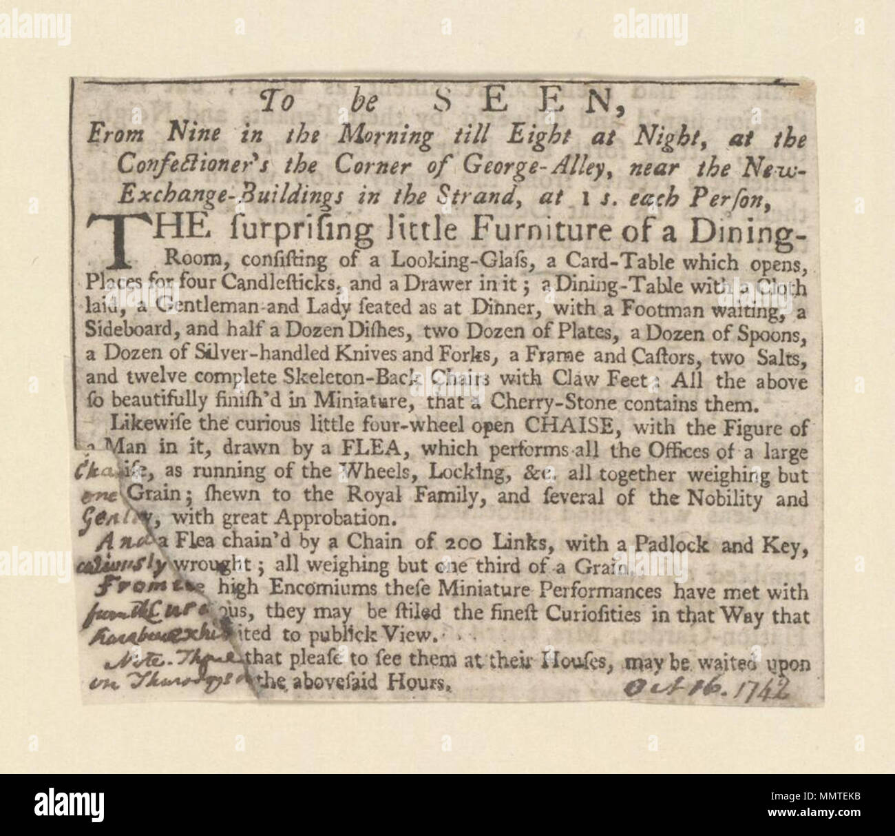 . Newscutting relating to an exhibition of miniature furniture and objects; Oct 16, 1742 (manuscript); Miniature furniture; Little four-wheel open chaise...drawn by a flea; To be seen, from nine in the morning till eight at night...  To be seen, from nine in the morning till eight at night.... 16 October 1789. The confectioner's ([London], England) [author] Bodleian Libraries, To be seen, from nine in the morning till eight at night... Stock Photo