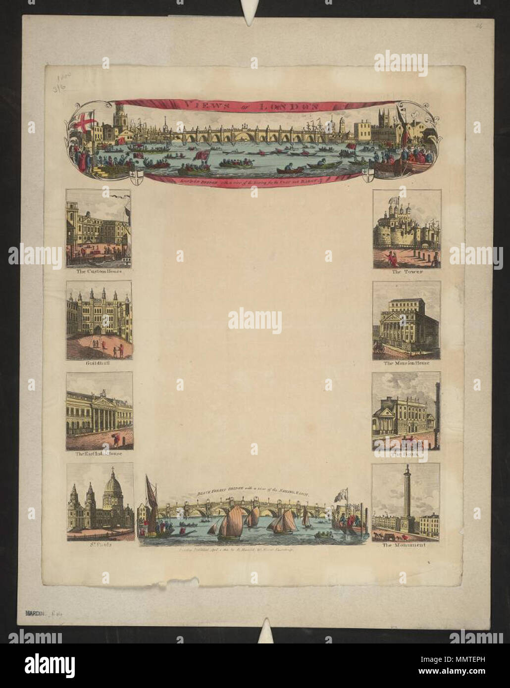 . Writing blank of 1814 entitled Views of London; London Bridge with a view of the rowing for the Coat and Badge; Custom House; Tower; Guildhall; Mansion House; East India House; Bank; St. Pauls; Monument; Black Friars Bridge with a view of the sailing match; Harding B 44(36)  Views of London. 4 April 1814. Harrild, Robert, 1780-1853 [author] Bodleian Libraries, Views of London Stock Photo