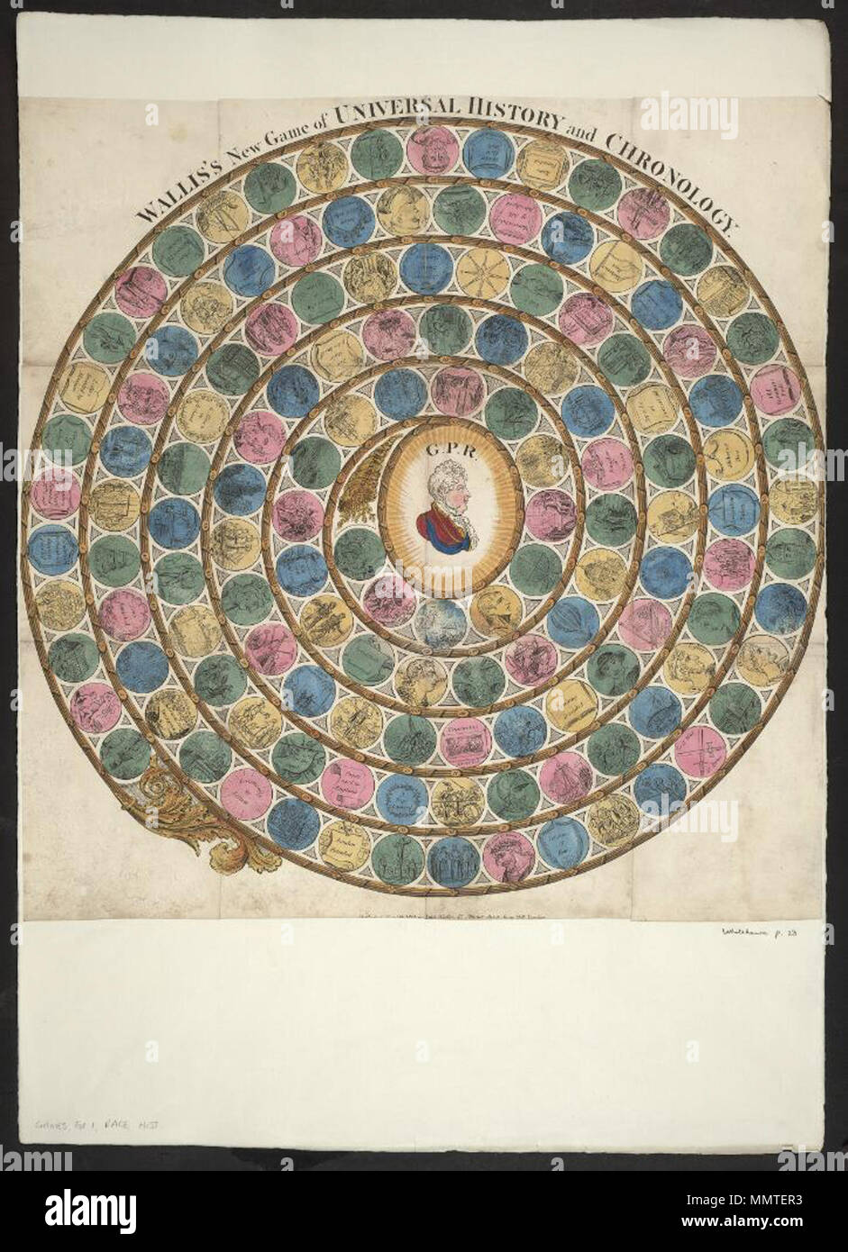 . Game of 1814 entitled Wallis's new game of universal history and chronology; 138 circles, many without text. Explained in book of rules (lacking); Babylonish & Assurian empires founded (5); Kingdom of Egypt founded 18th centy. (6); Kingdom of Sicyon (7); Letters invented by Memmon (8); Athens founded by Lecrops (11); Ten tribes in the Jews revolt (15); Money first made (17); Rome founded (18); Babylon taken (21); Thermopyla (23); Old Testament ends (24); Socrates (25); Alexander (27); Darius (28); Dionysus (29); Civil War at Rome (31); Caesar in Britain (32); Death of Caesar (33); Census at  Stock Photo