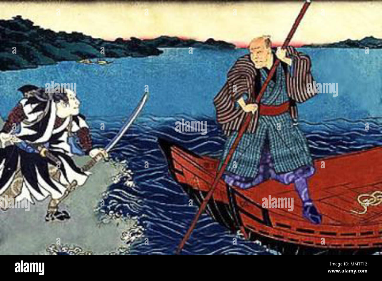 . Français : Illustration du combat de Tsukahara Bokuden sur le lac Biwa.  . Période d'Edo ou de Meiji. Unknown Bokuden histoire lac Biwa Stock Photo