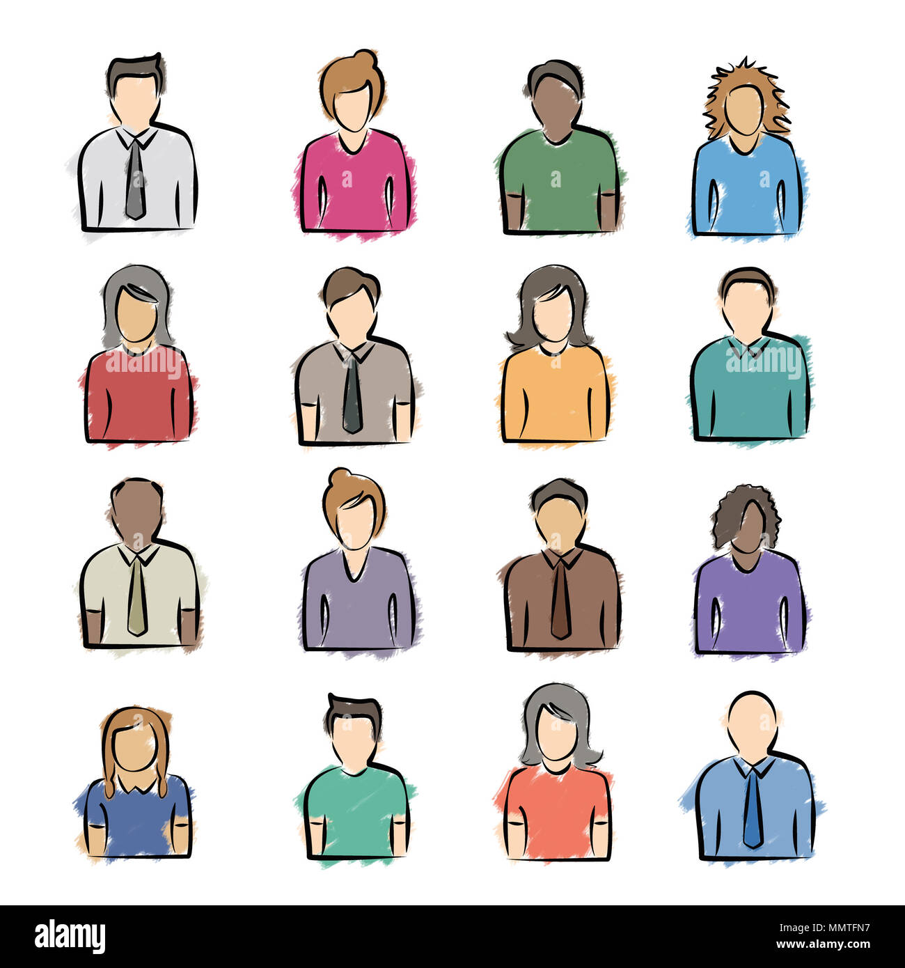 A diversity of colorful sketched people icons Stock Photo