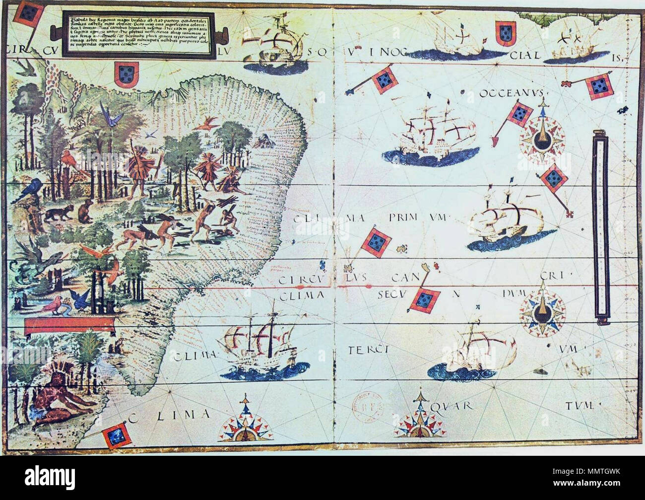 . English: Map of Brazil in the Miller Atlas of 1519.  . 1519. Pedro Reinel, Jorge Reinel, Lopo Homem (mapmakers), and António de Holanda (miniaturist) Brazil 16thc map Stock Photo