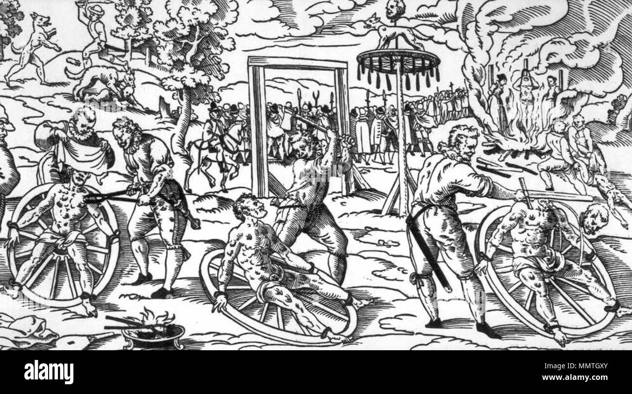 . This wood cut shows the 'breaking wheel' as it was used in Germany in the Middle Ages. The exact date is unknown, as is the creator, but it depicts the execution of Peter Stumpp in Cologne in 1589. This form of punishment was most common during the middle ages and early modern age. Though, for example in many regions of future Germany, the breaking wheel was still used in the 19th century. The last known execution happened 1841 in Prussia. The picture was published in 'Het Tilburgs Tijdschrift voor Geschiedenis' (Tilburg History Magazine) in 2003. The woodcut relates the crime and the punish Stock Photo