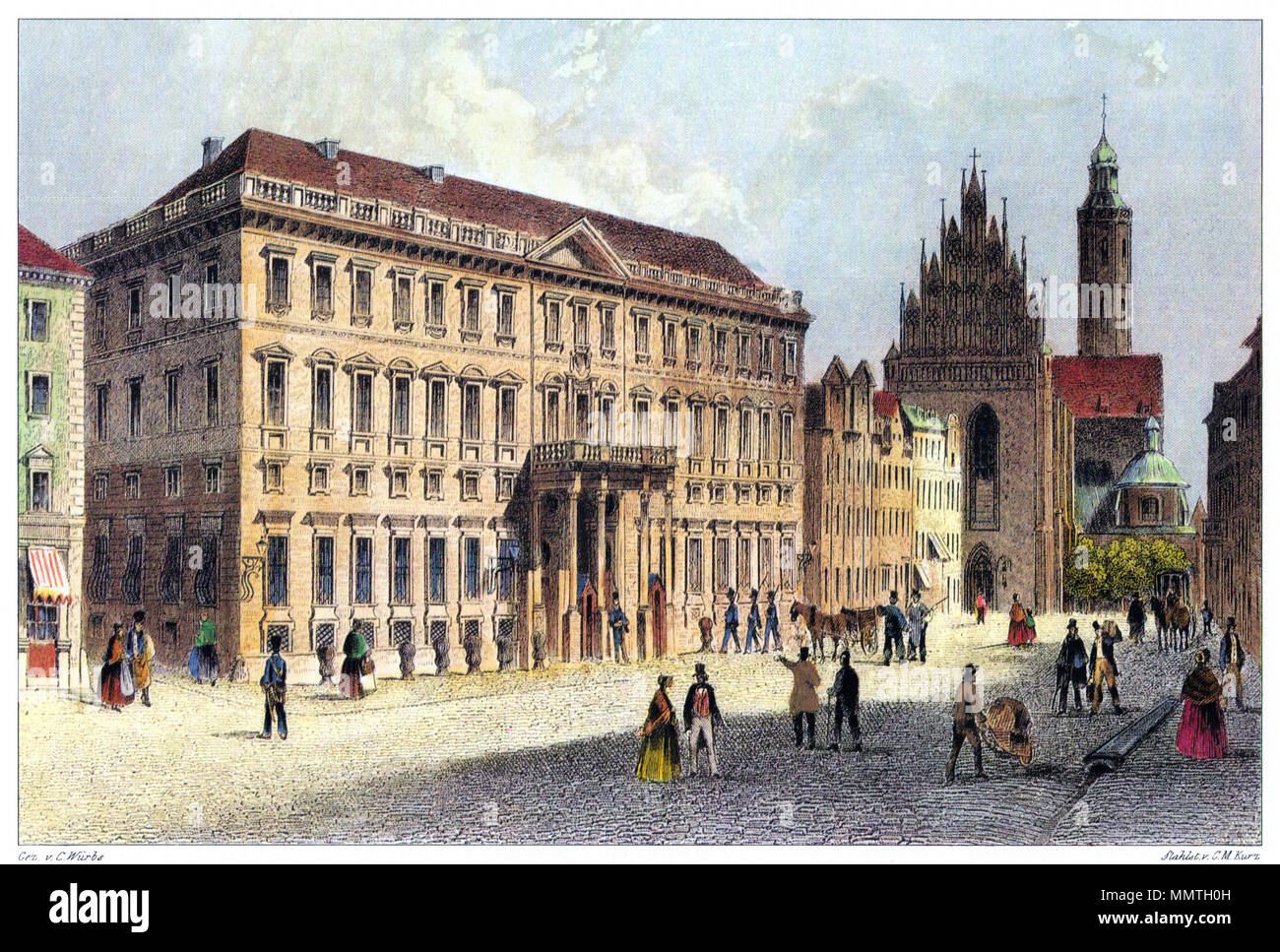 . Administration building and Dominikaner church around 1840. . circa