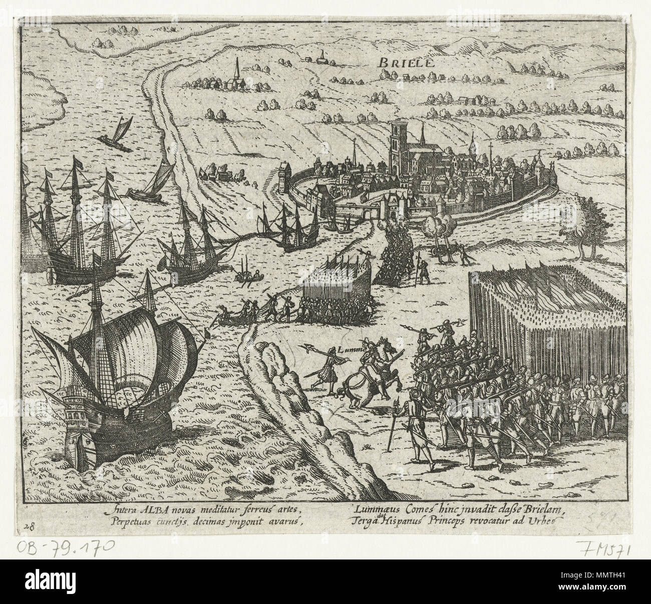 Depiction of the capture of Den Briel (present day Brielle) near Rotterdam  by the Watergeuzen (protestant rebels) commanded by Lumey and Blois van  Treslong, 1 April 1572. Lumey mentioned as Lumme.